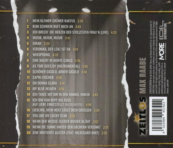 Rückseite eines Albums mit Songliste und Platteninfo. Max Raabe, Zeitlos.