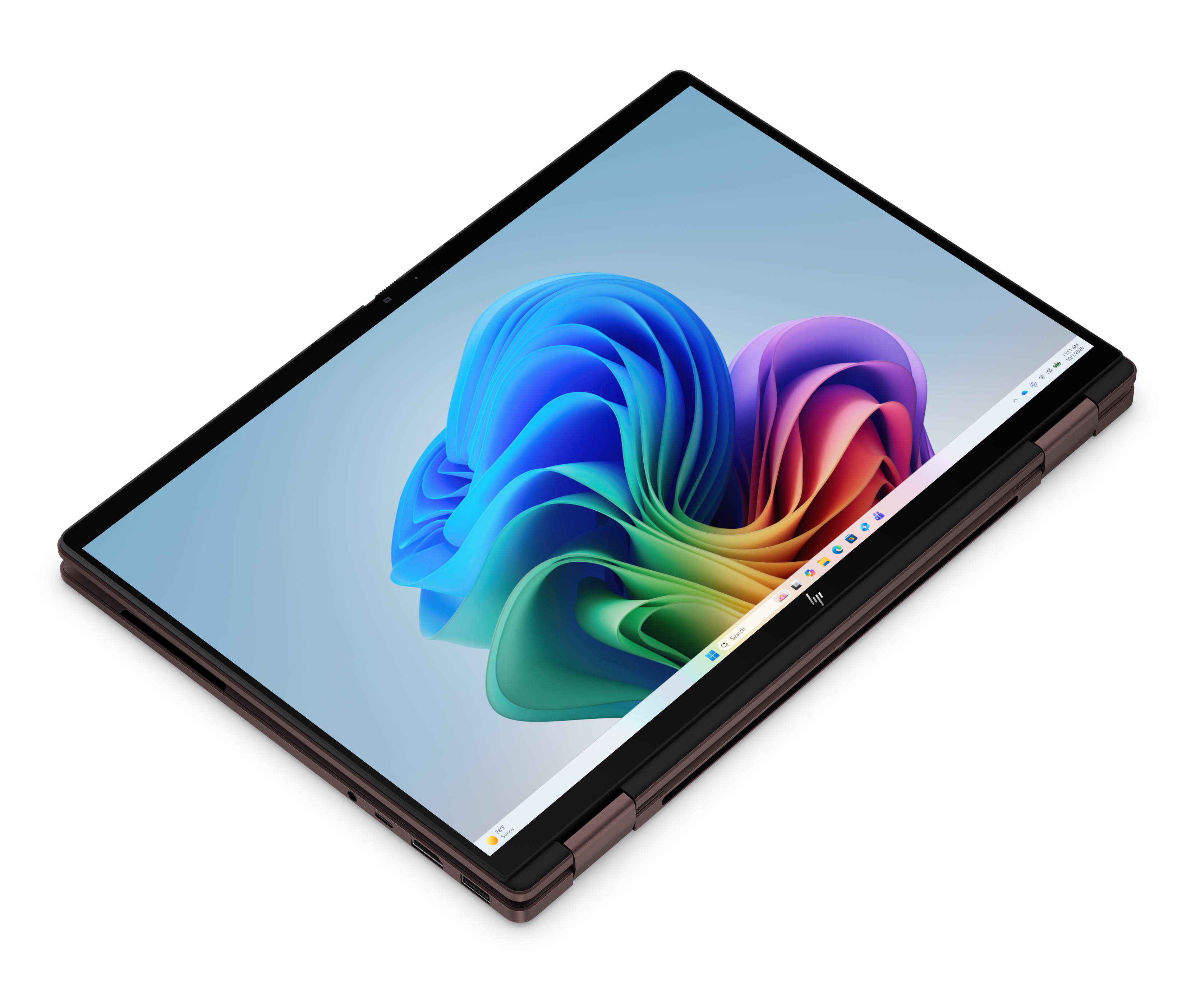 Ciemny laptop wyświetlający kolorową tapetę systemu Windows.