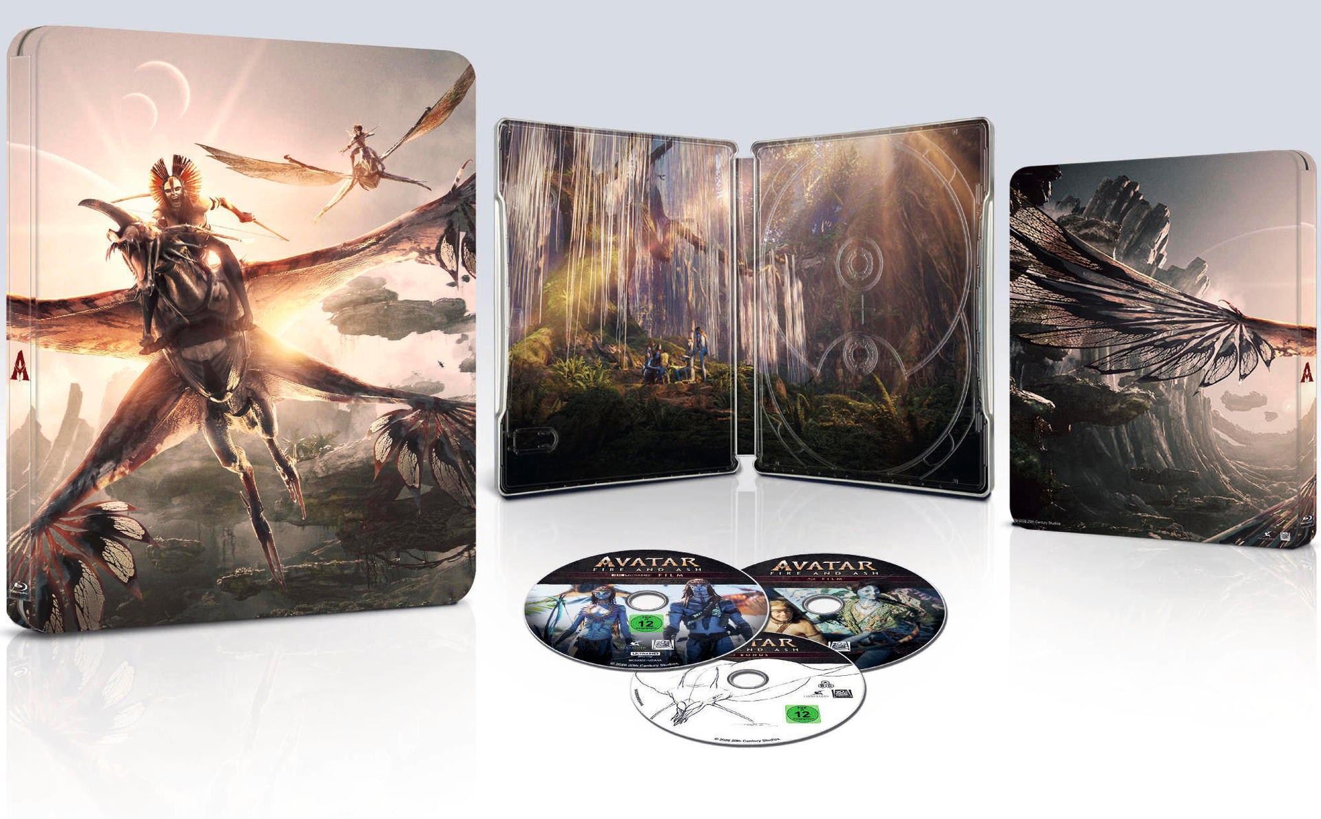 Avatar Steelbook mit Discs. Zeigt Na'vi auf fliegenden Kreaturen und üppige außerirdische Landschaften.