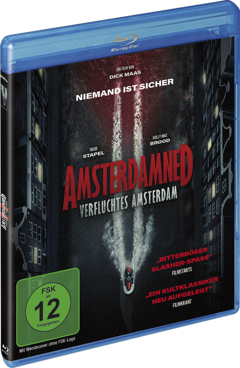 Blu-ray Hülle von 'Amsterdamned' mit FSK 12 Logo. Dunkle Stadtkulisse.