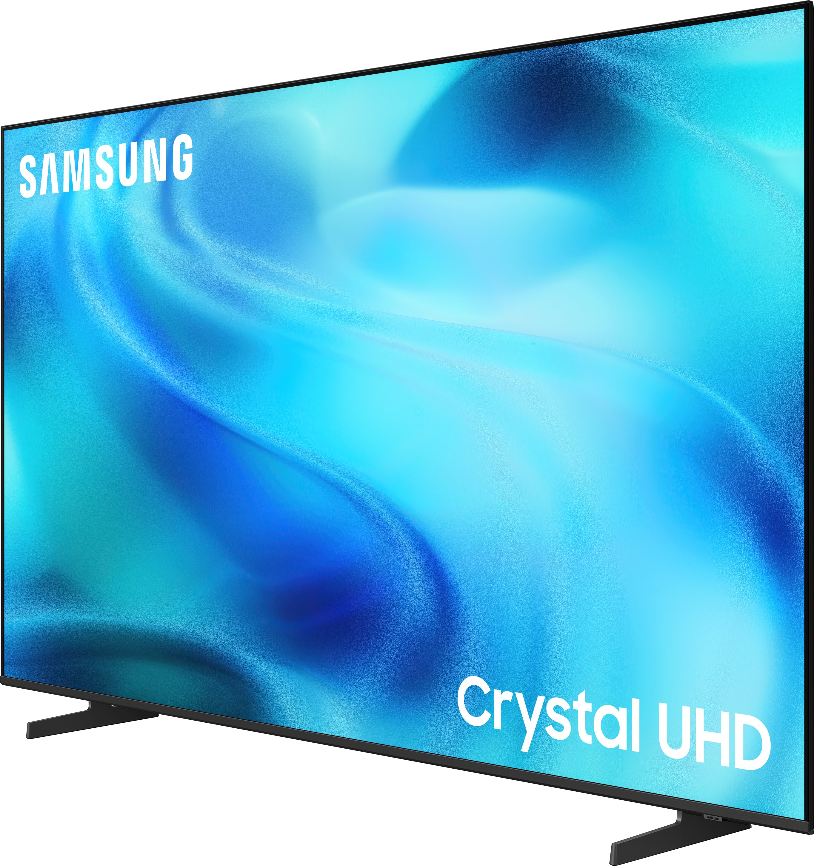 Ein Samsung Crystal UHD Fernseher mit blauem Hintergrund.