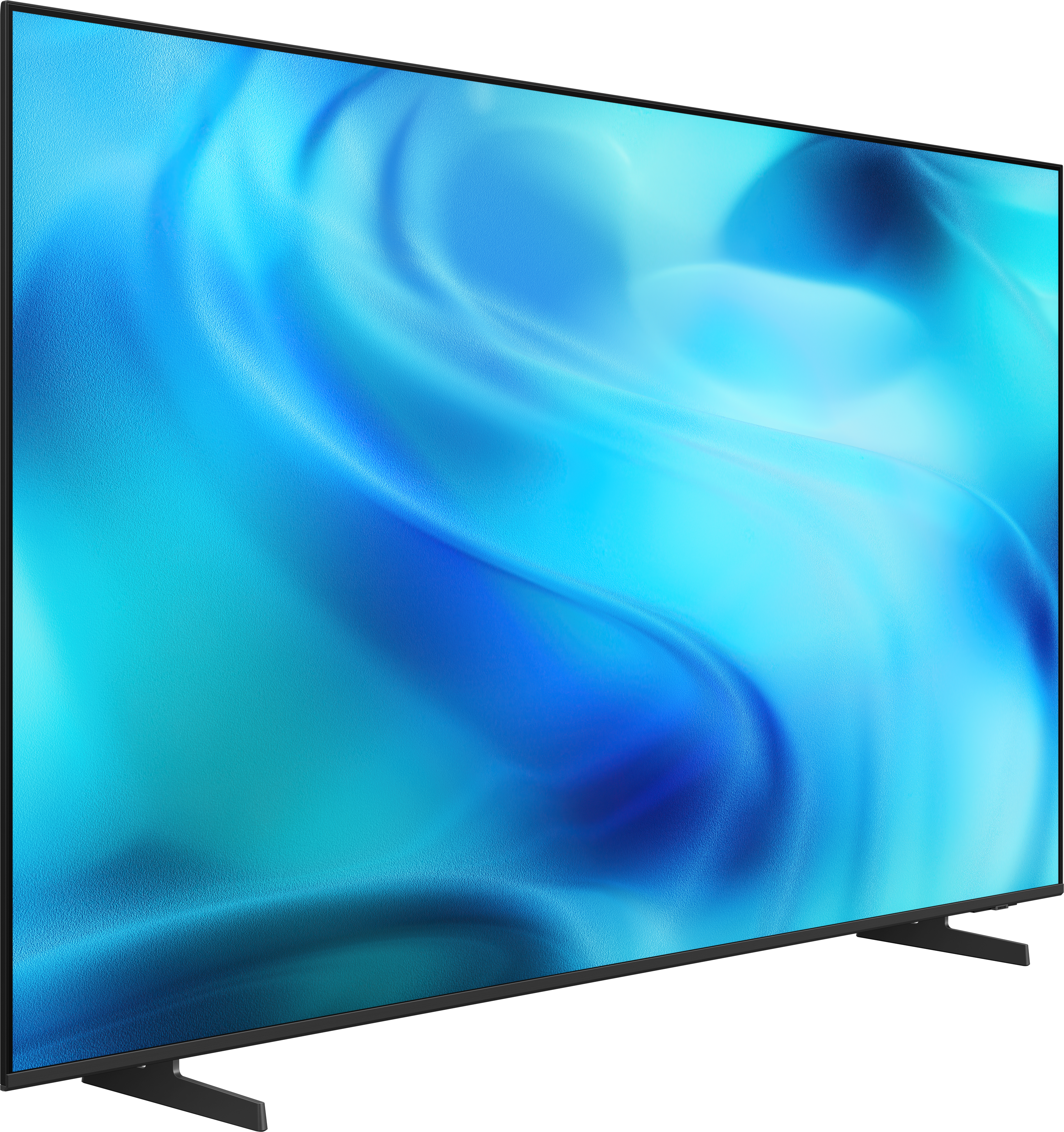 Ein moderner Flachbildfernseher mit einem abstrakten, blauen und türkisfarbenen Bildschirm.