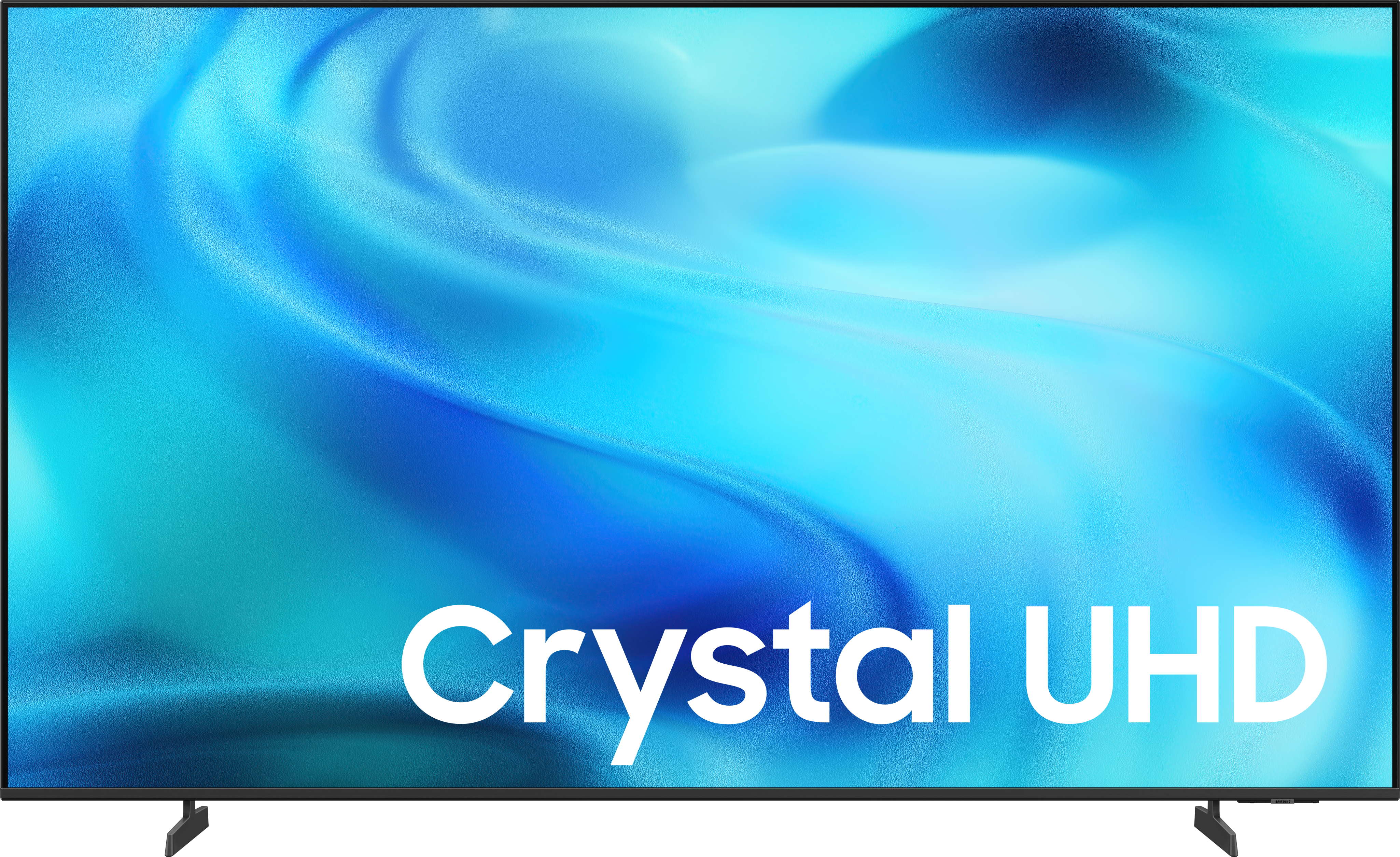 Ein Samsung Crystal UHD Fernseher mit blauem, abstraktem Hintergrund.