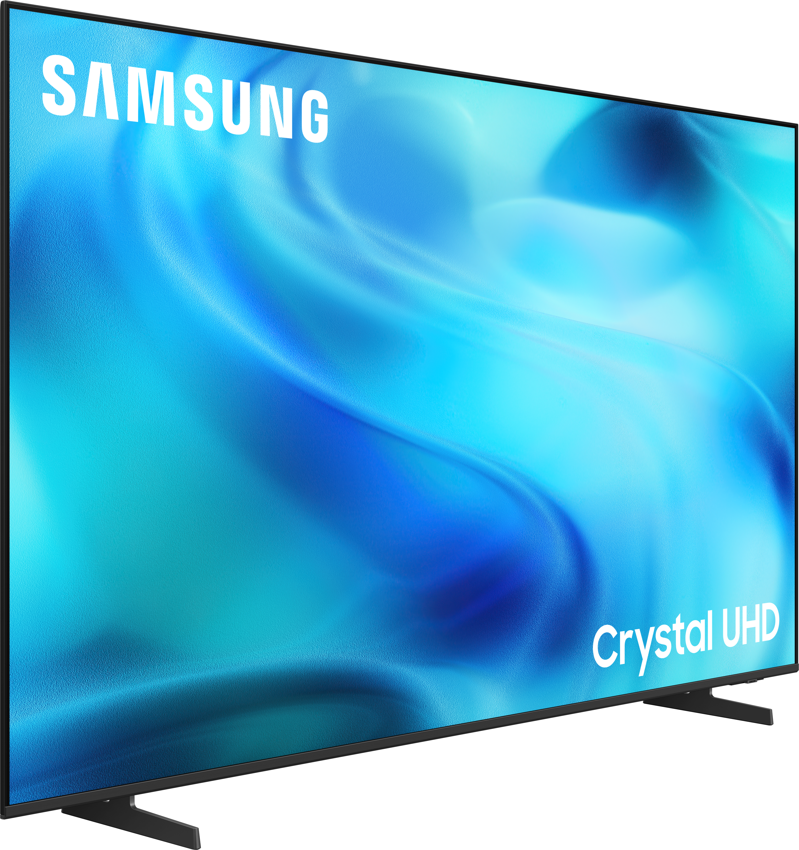 Ein Samsung Crystal UHD Fernseher mit blauem Hintergrund.