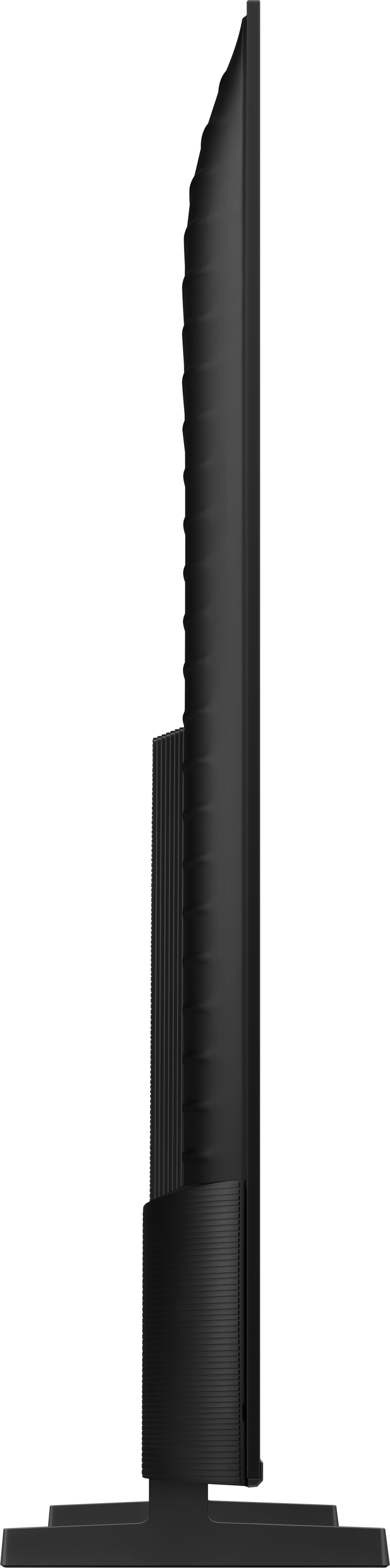 Schwarzer Fernseher im Seitenprofil auf schwarzem Hintergrund, mit Lüftungsschlitzen.
