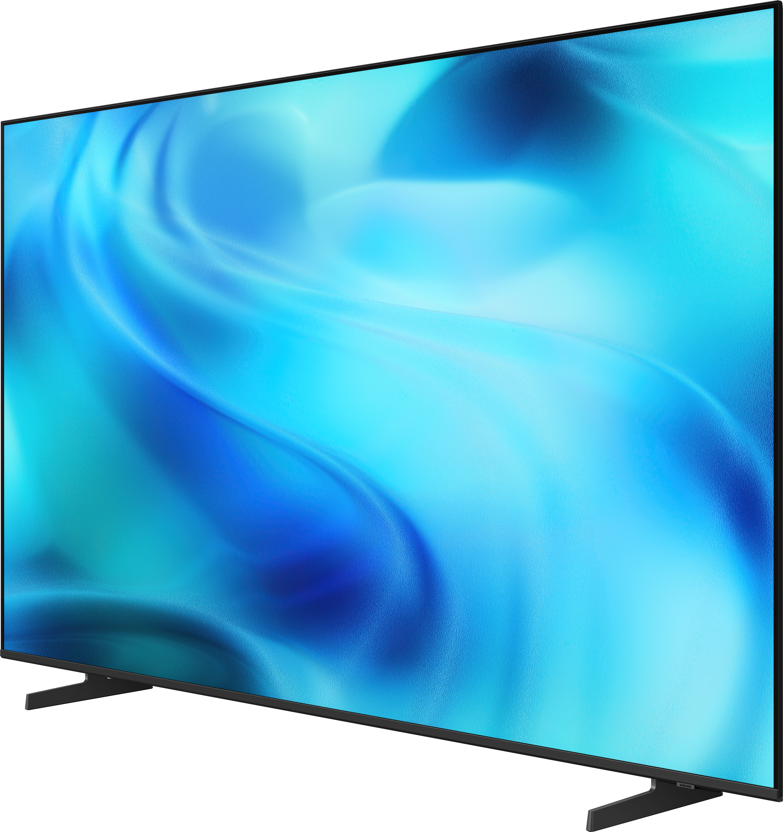 Ein moderner, schlanker Fernseher mit schwarzem Rahmen zeigt ein lebendiges blaues abstraktes Bild.