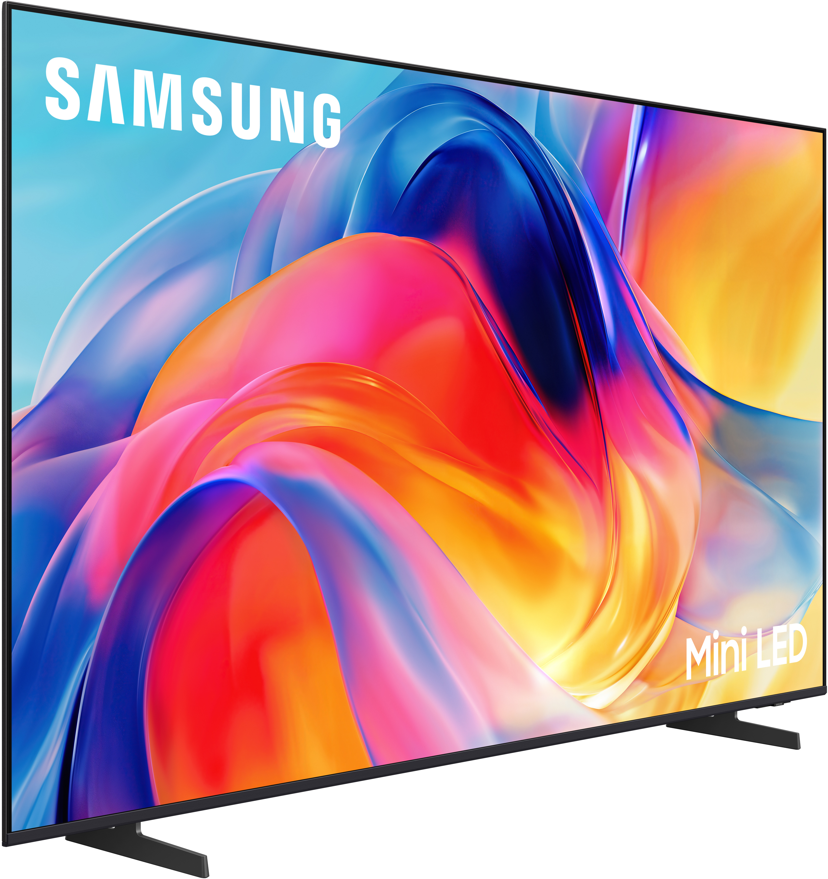 Ein Samsung Fernseher mit farbenfrohem abstrakten Hintergrund und Mini-LED-Logo.