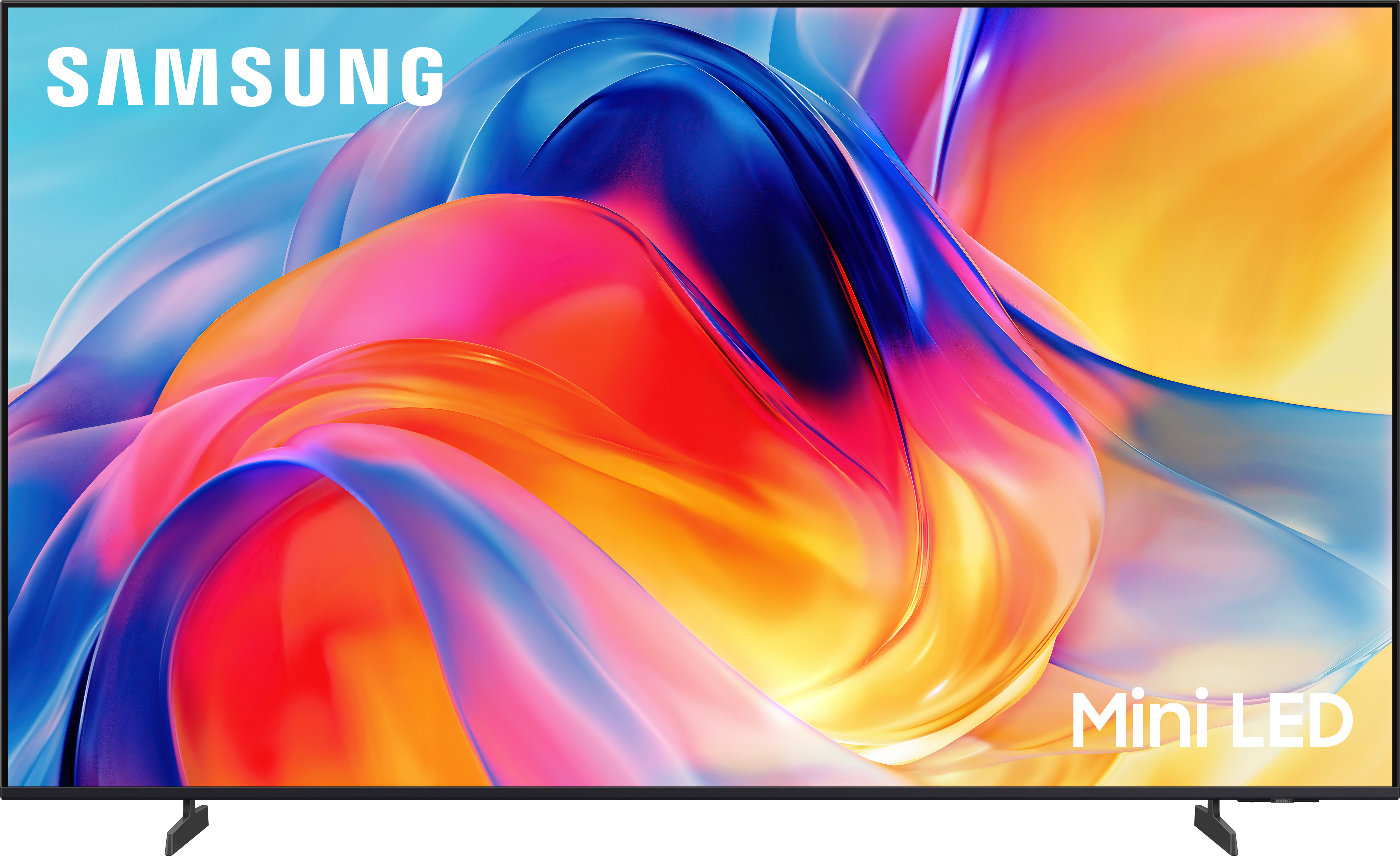 Samsung Fernseher mit abstrakter, bunter Grafik und Mini LED Schriftzug.