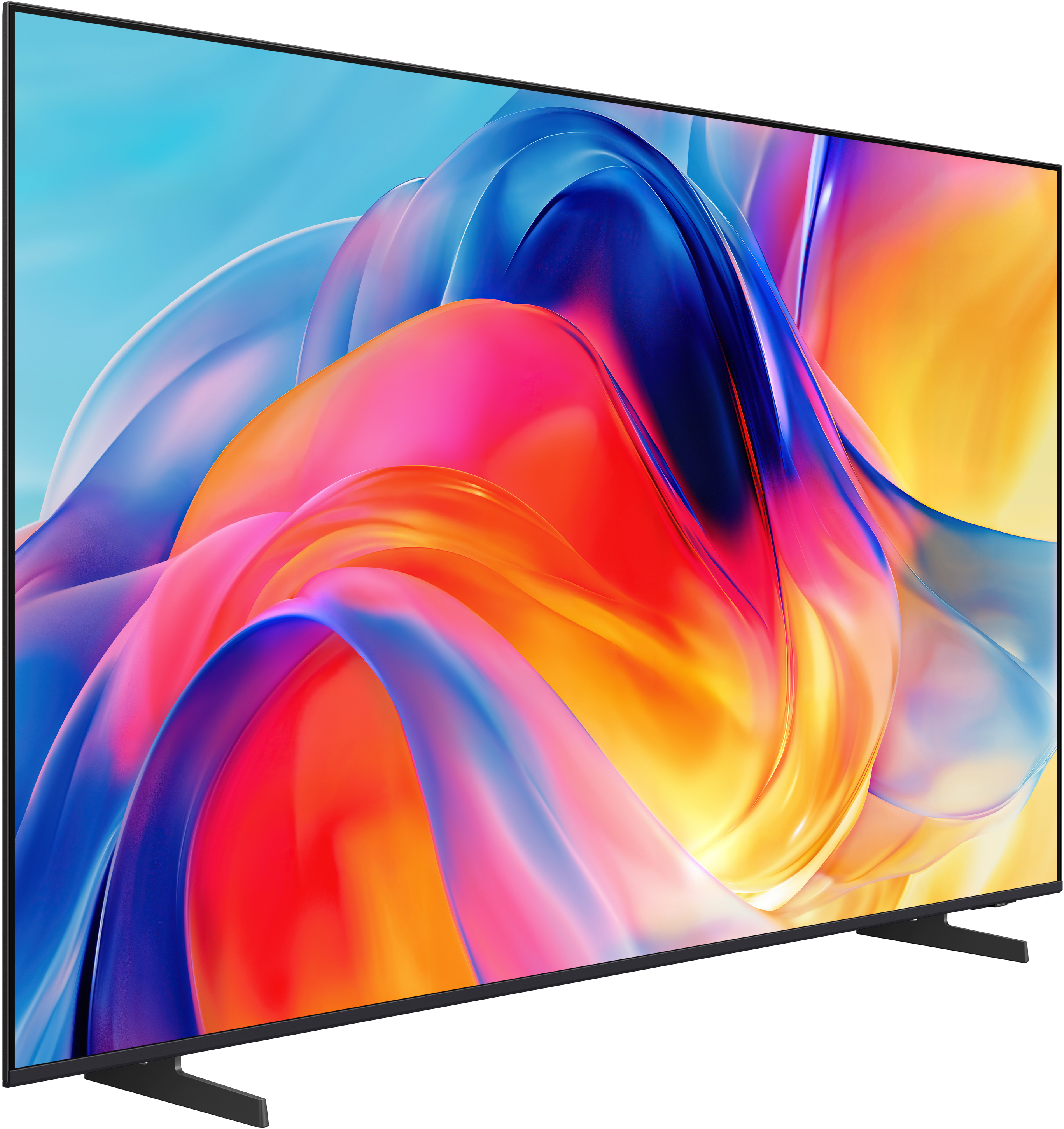 Ein moderner Fernseher mit einem lebendigen, abstrakten Hintergrund und schwarzem Standfuß.