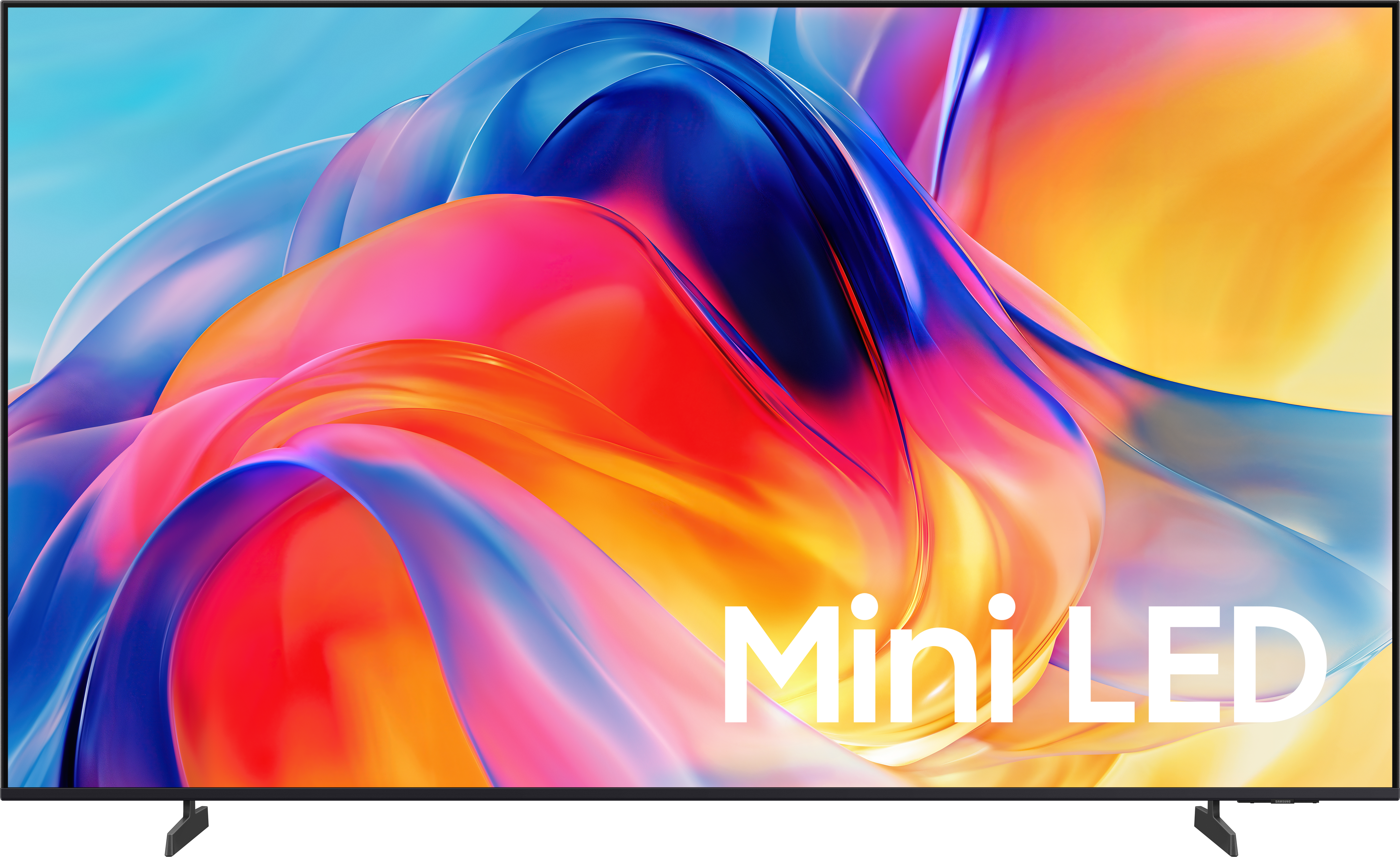 Ein großer Fernseher mit einem bunten, abstrakten Hintergrund und dem Text "Mini LED".