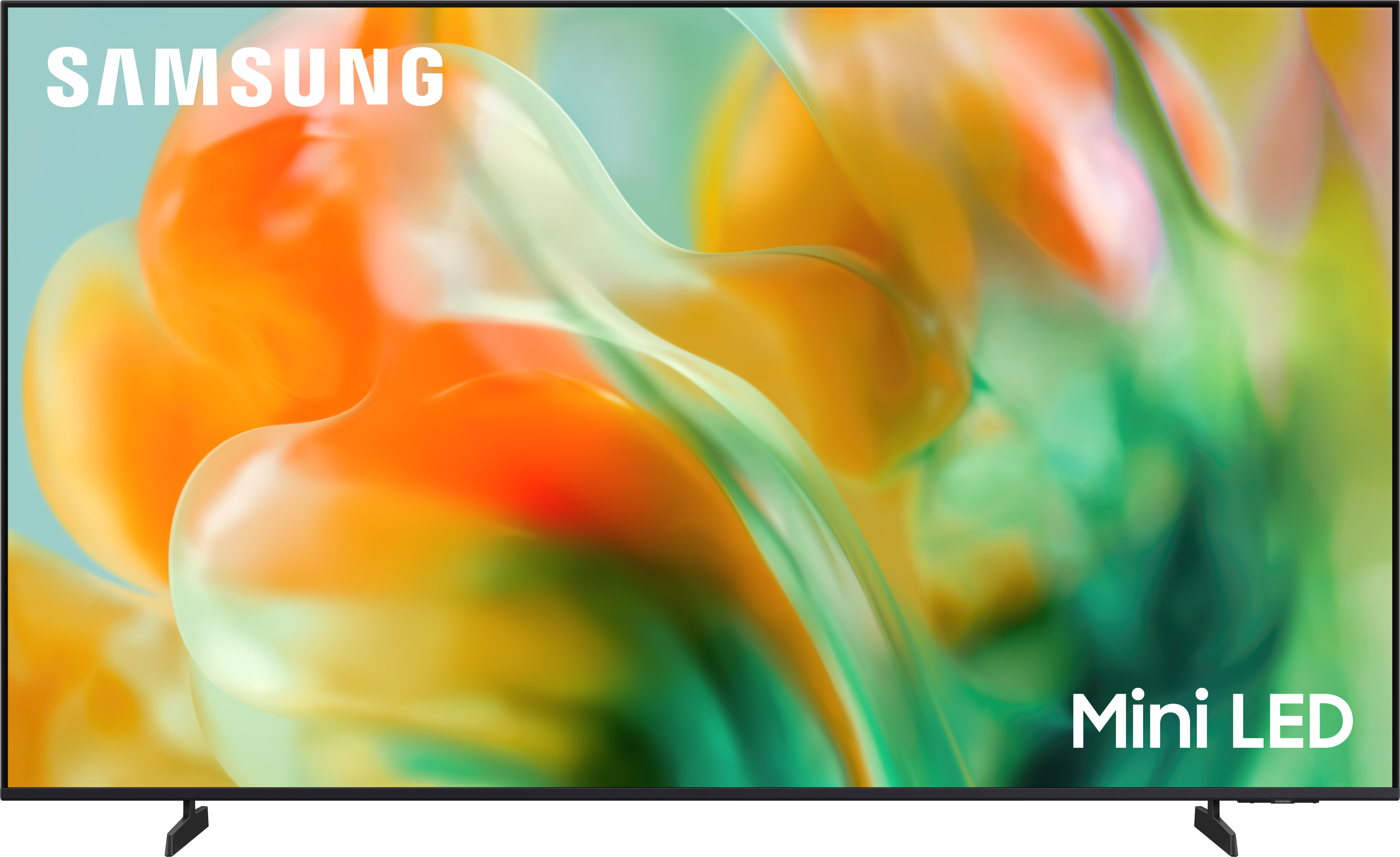 Samsung Mini LED TV mit abstraktem, flüssigem Design in Orange und Grün.
