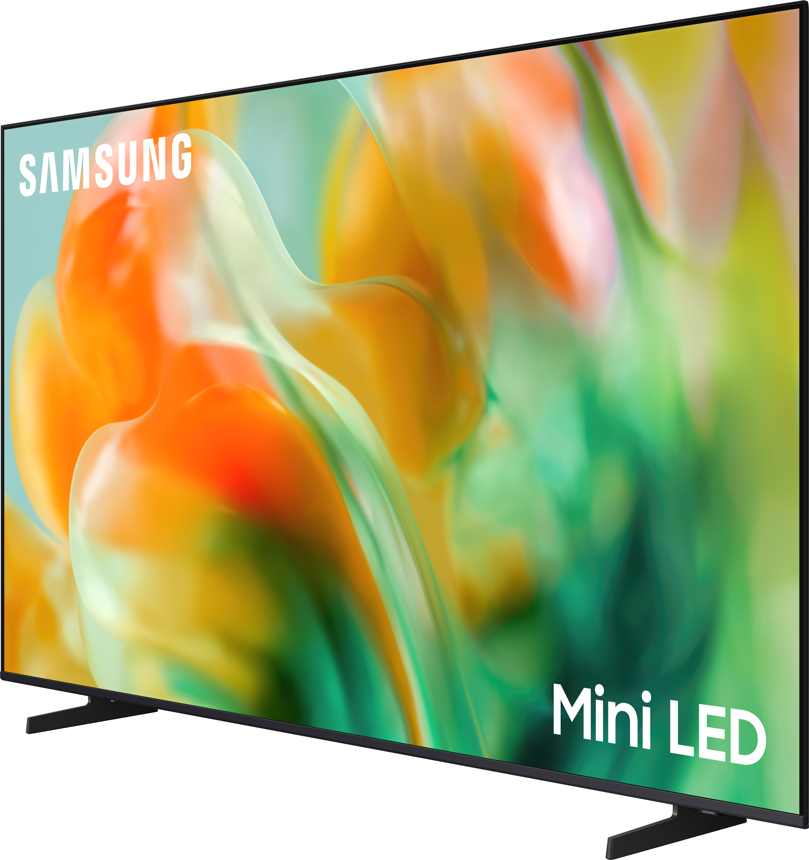 Samsung Mini LED Fernseher mit abstraktem Hintergrund in Orange und Grün.