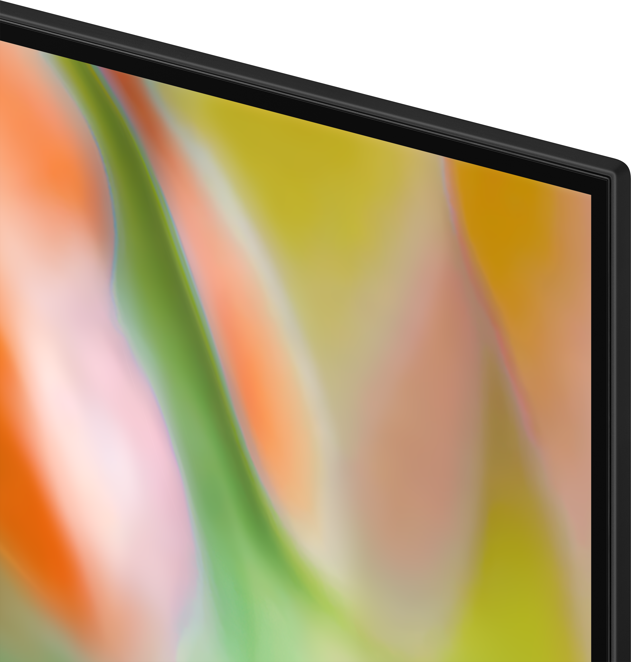 Nahaufnahme einer schwarzen Fernseherblende mit einem abstrakten Hintergrund in Orange, Grün und Gelb.