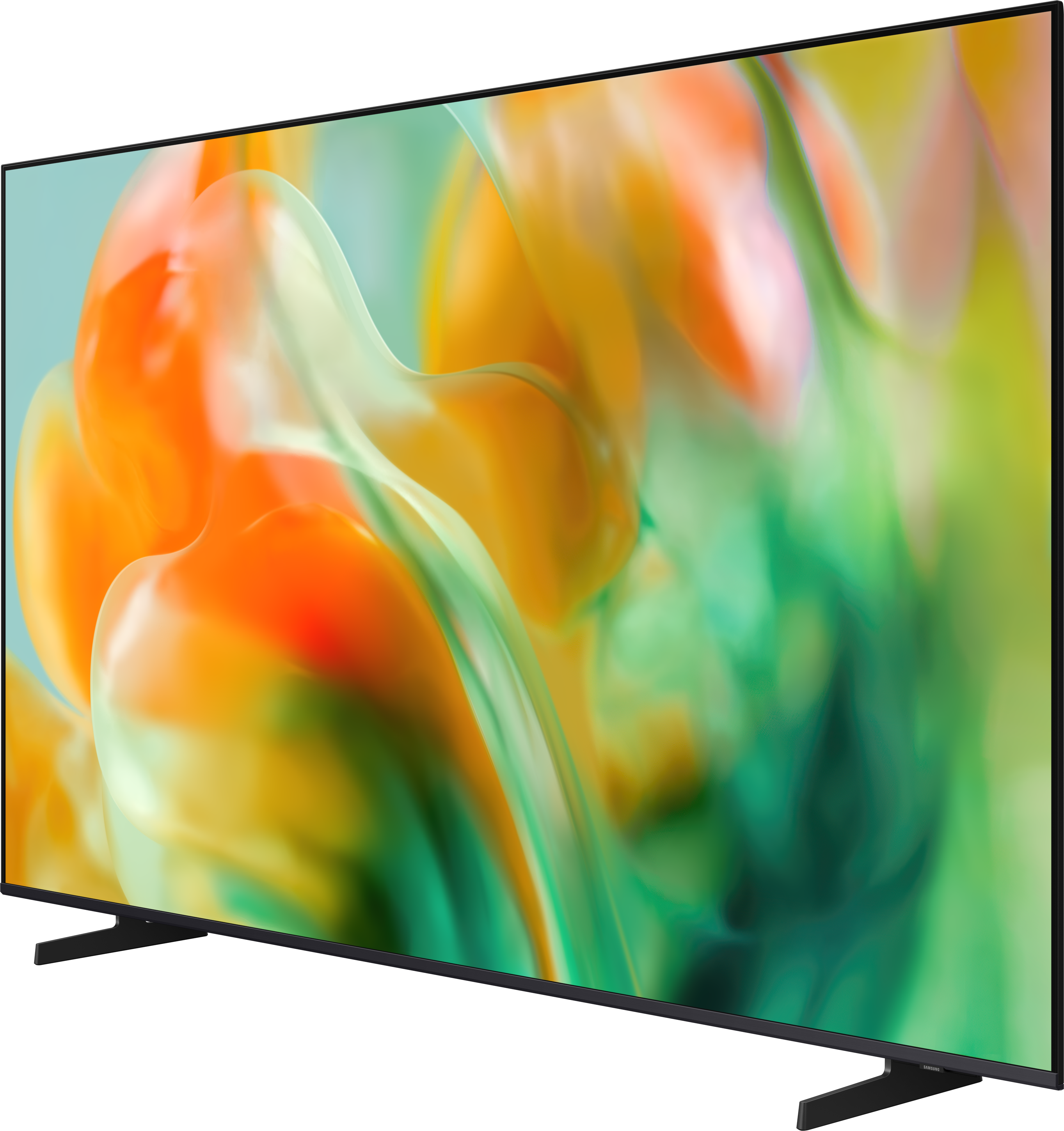 Ein moderner Fernseher mit einem lebendigen, abstrakten Hintergrund in Orange und Grün.
