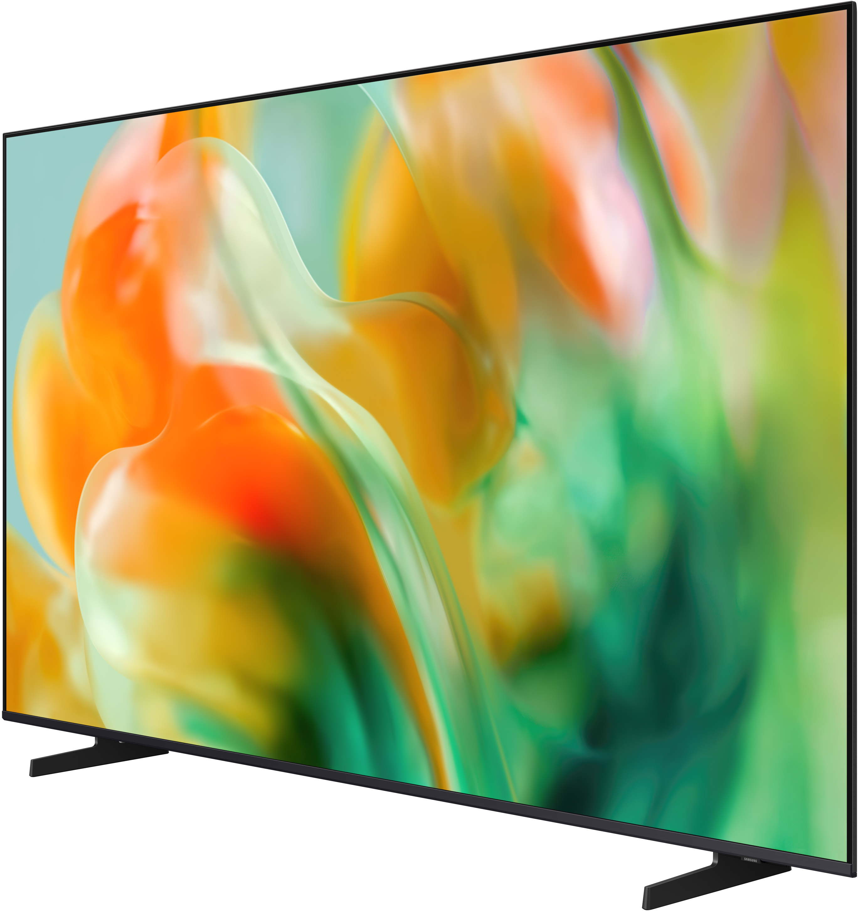 Ein moderner schwarzer Fernseher mit einem bunten, abstrakten Hintergrund.