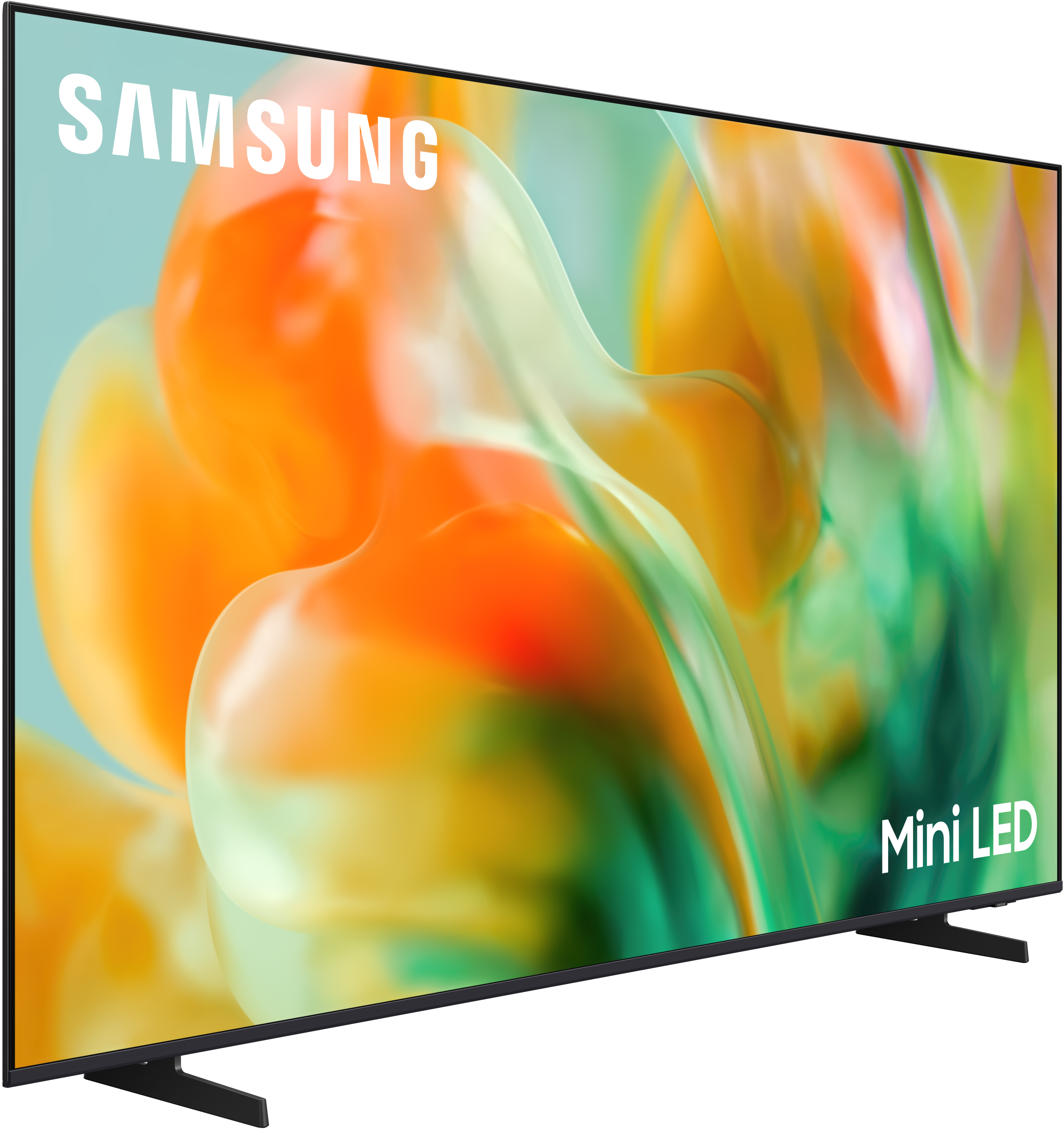 Ein schwarzer Samsung Mini LED Fernseher mit buntem abstraktem Bildschirm und zwei schwarzen Ständern.