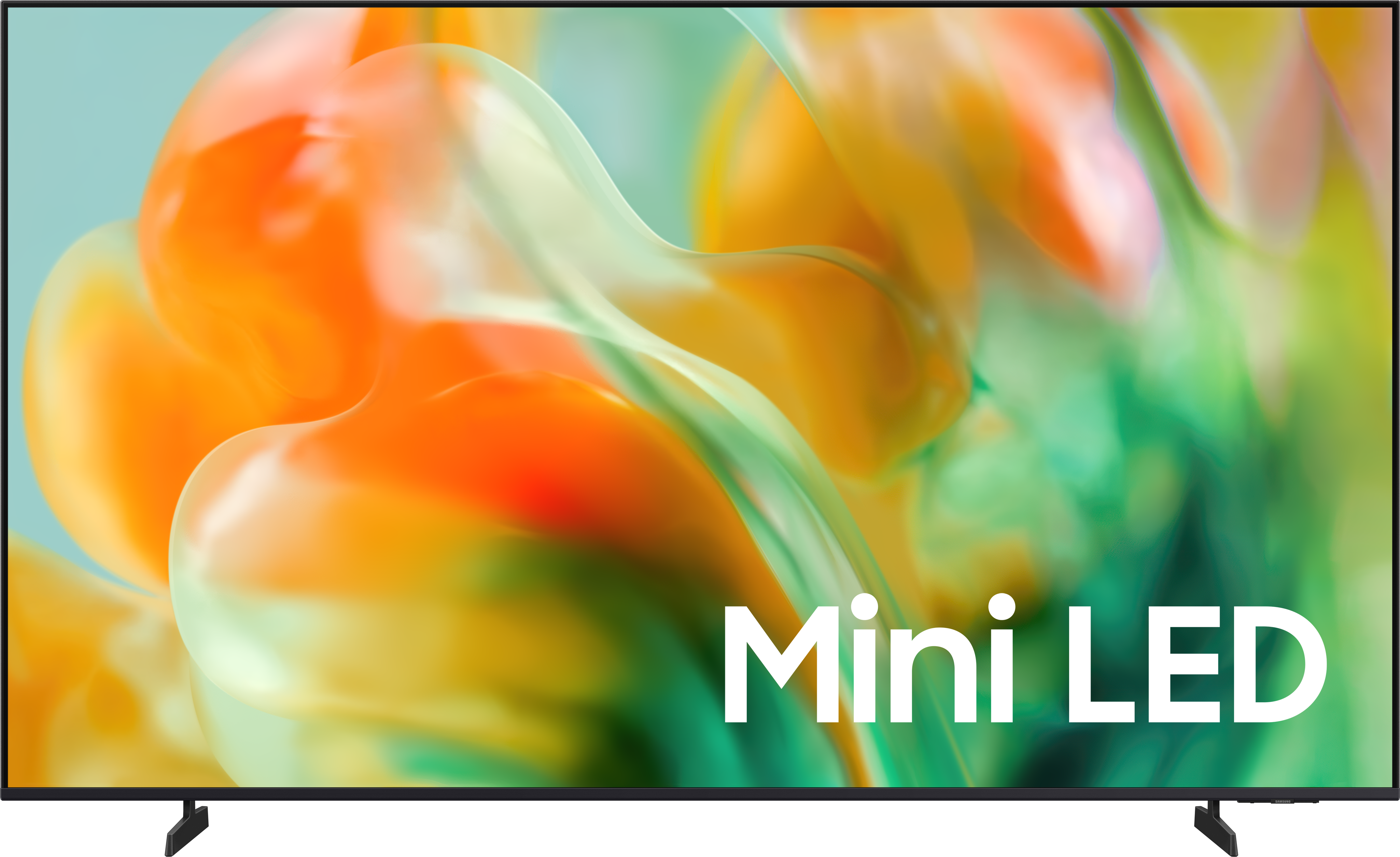 Ein Fernseher mit dem Text "Mini LED" auf einem abstrakten Hintergrund.