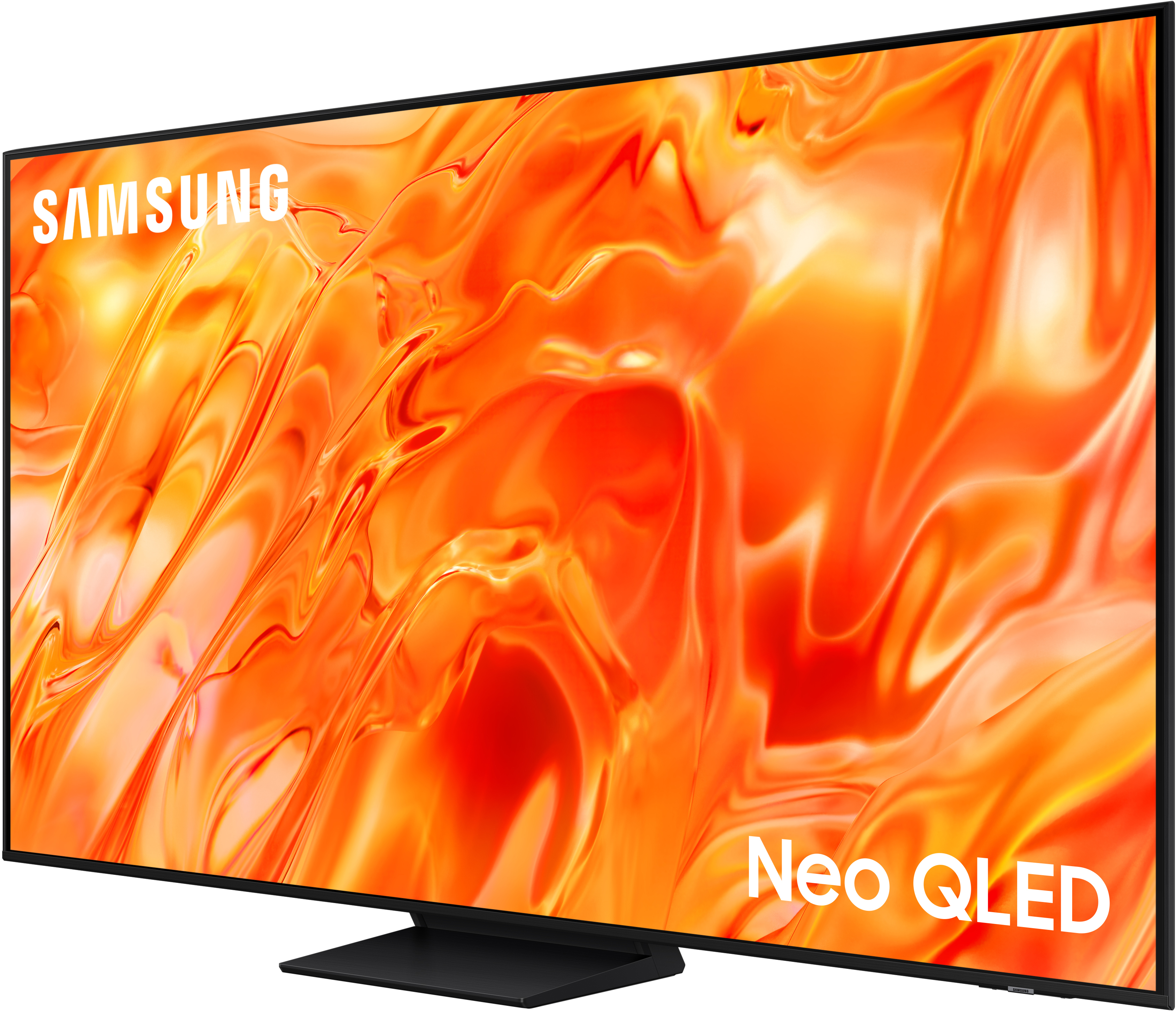 Ein Samsung Neo QLED Fernseher mit orangem, fließendem Muster. Links oben steht SAMSUNG.