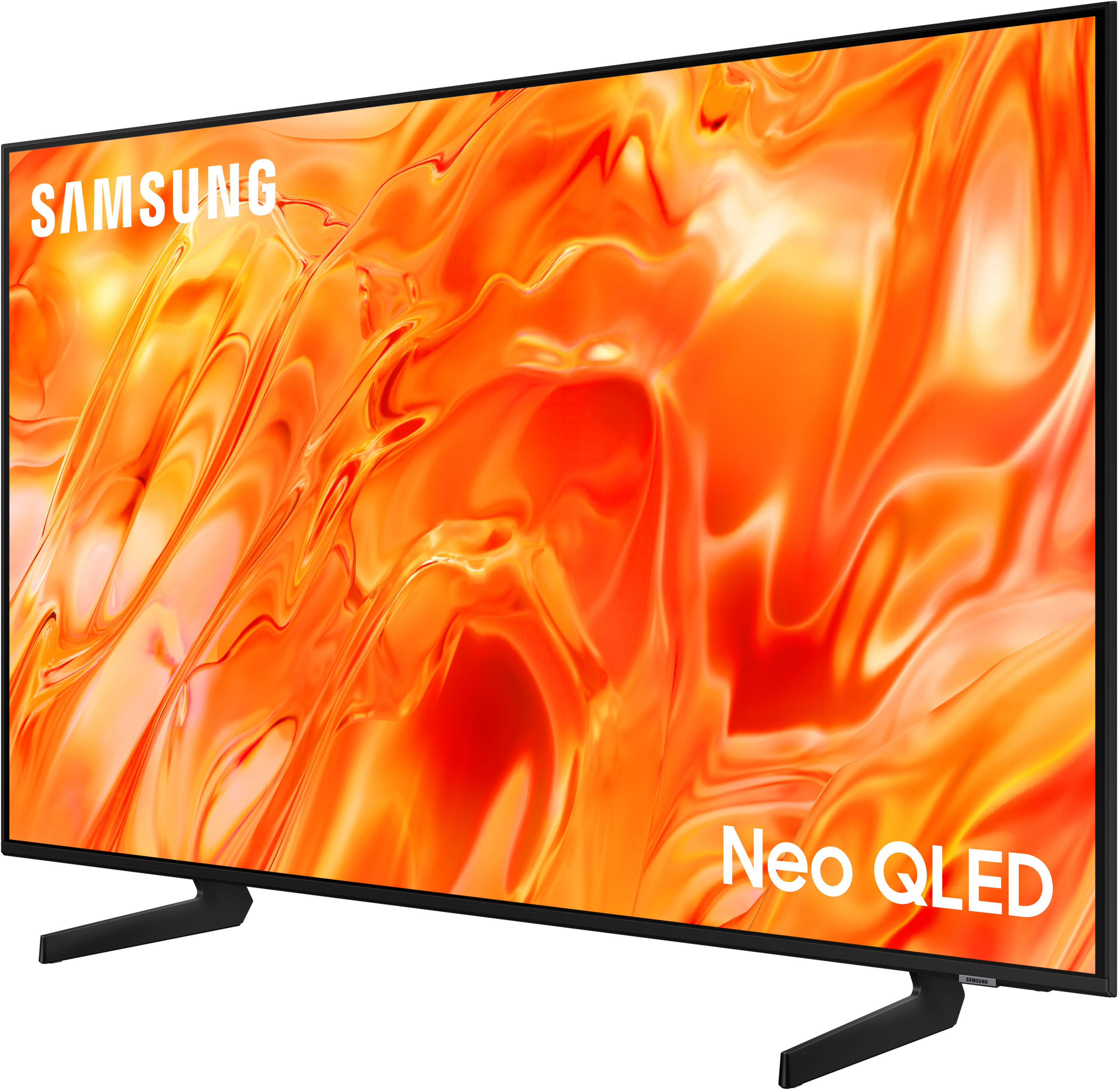 Ein Samsung Neo QLED Fernseher mit schwarzem Standfuß und abstraktem orangem Bildschirm.