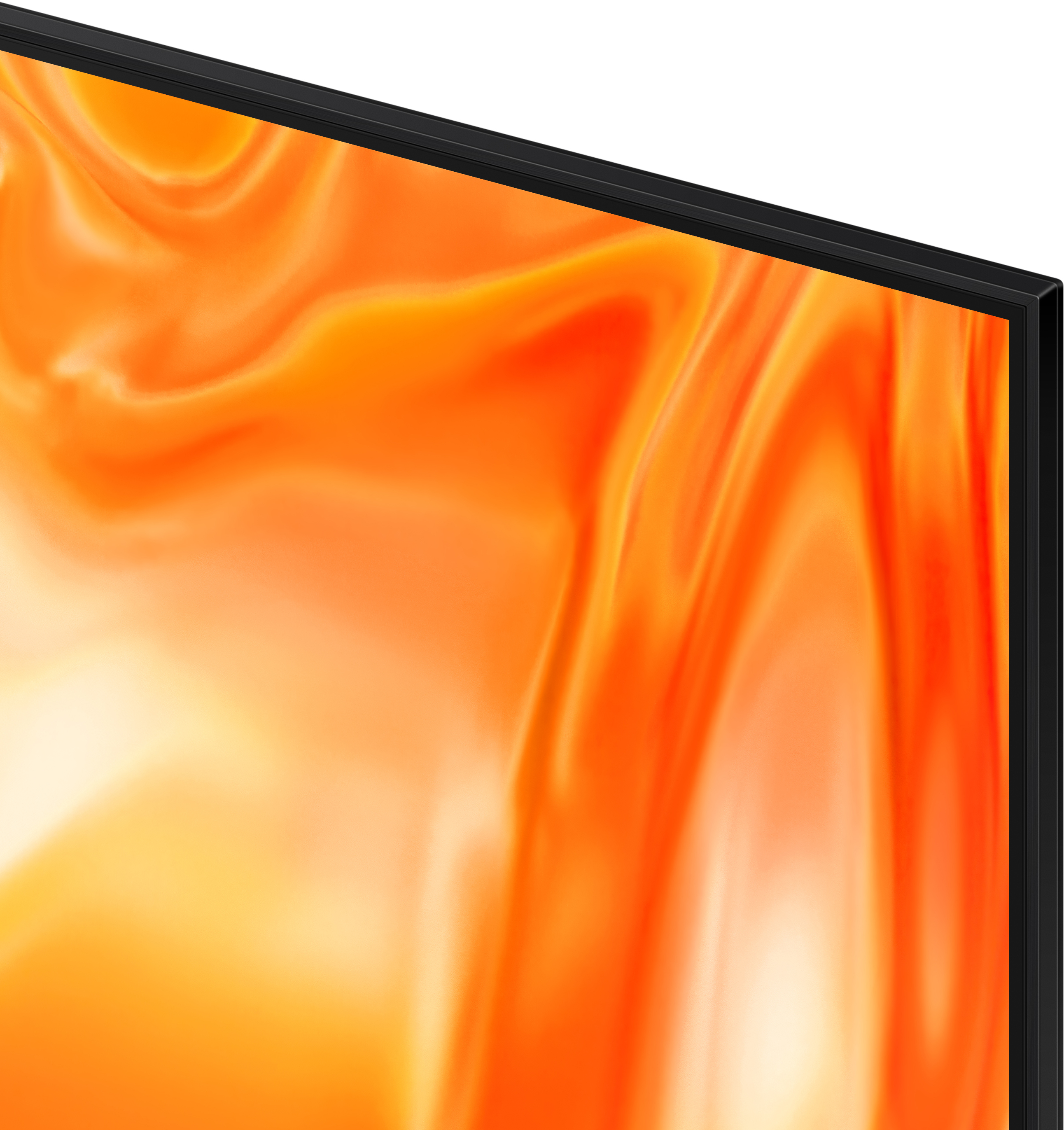 Ein schwarzer Fernseherrahmen mit einem orangen, marmorierten Muster auf dem Bildschirm.