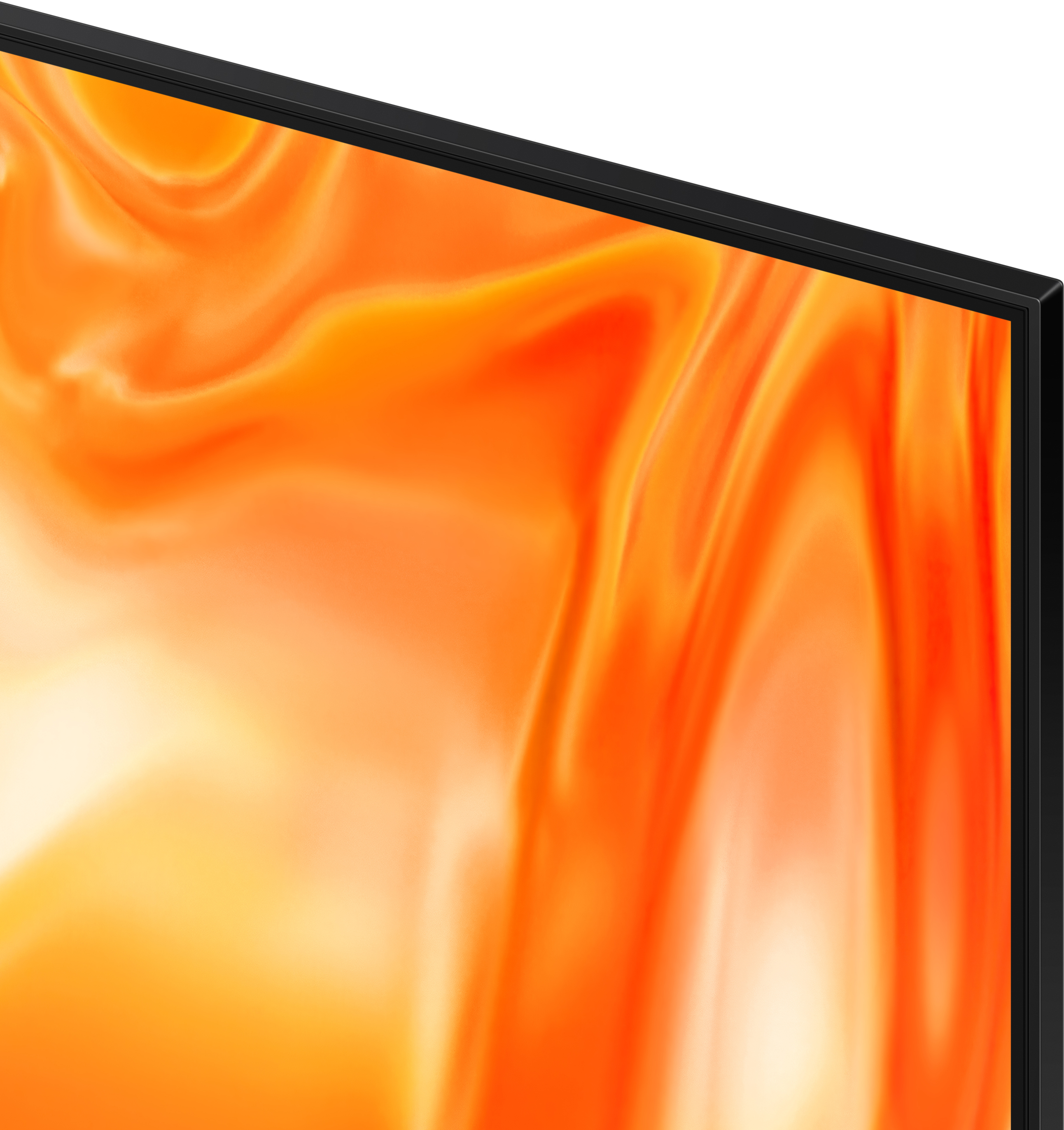 Nahaufnahme eines Fernsehers mit abstraktem, orange-gelbem Muster.
