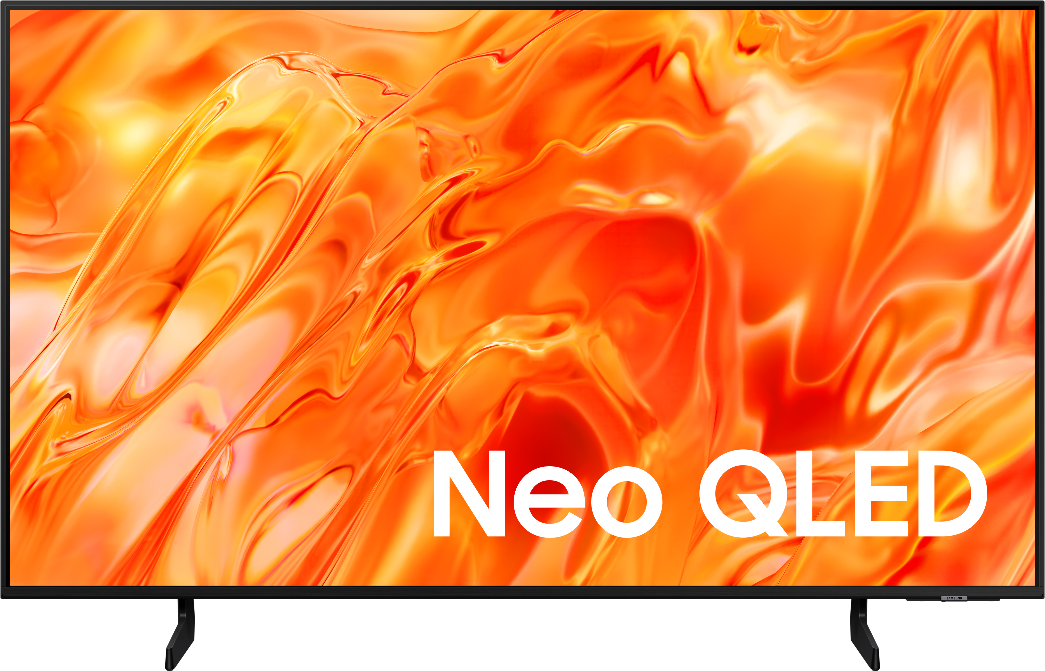 Ein moderner Fernseher, der ein lebendiges, abstraktes orange-gelbes Flüssigkeitsdesign mit dem Text 'Neo QLED' zeigt.