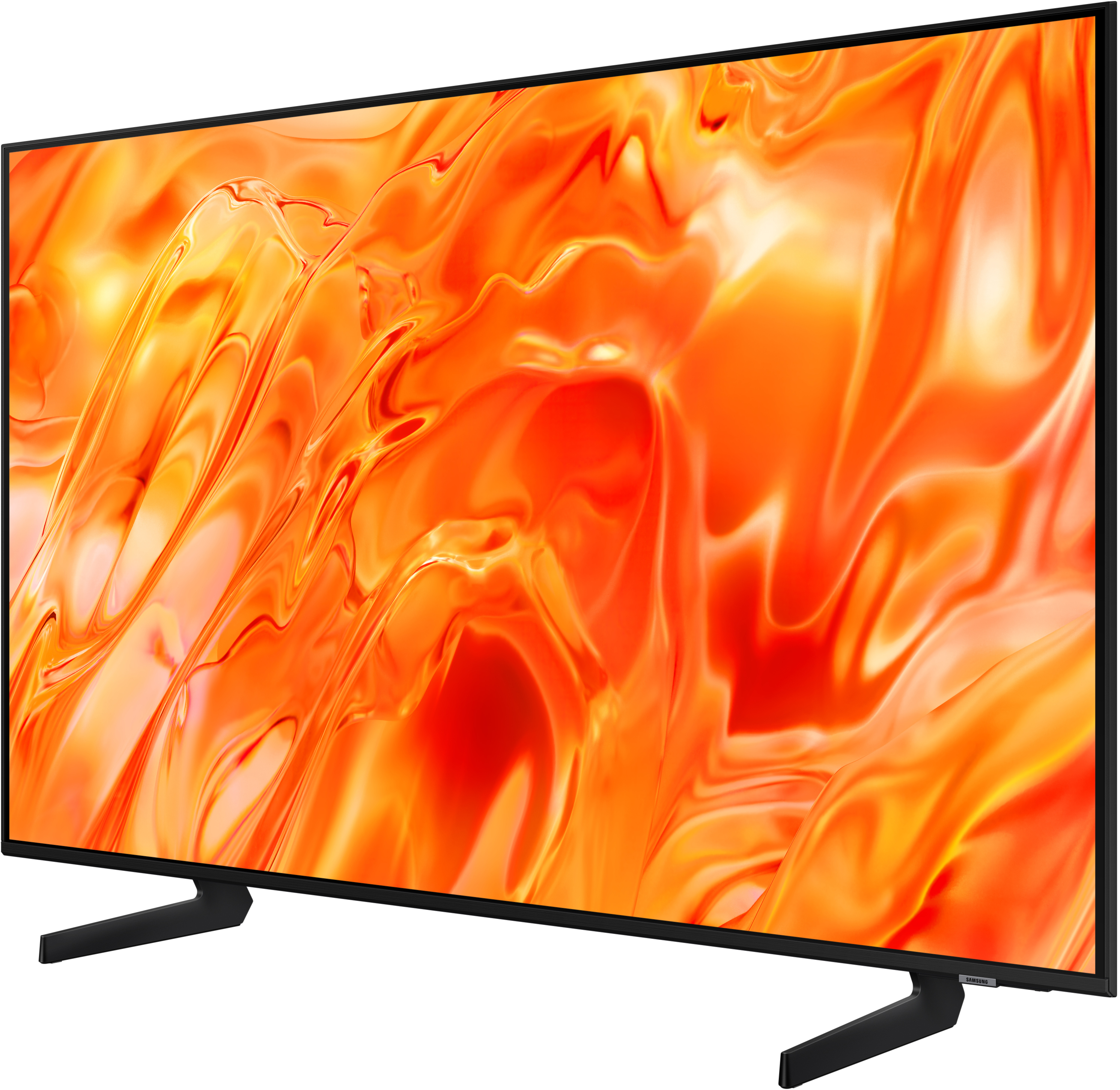 Ein moderner schwarzer Fernseher mit einem lebendigen orangefarbenen Bildschirmschoner steht auf einem Ständer.