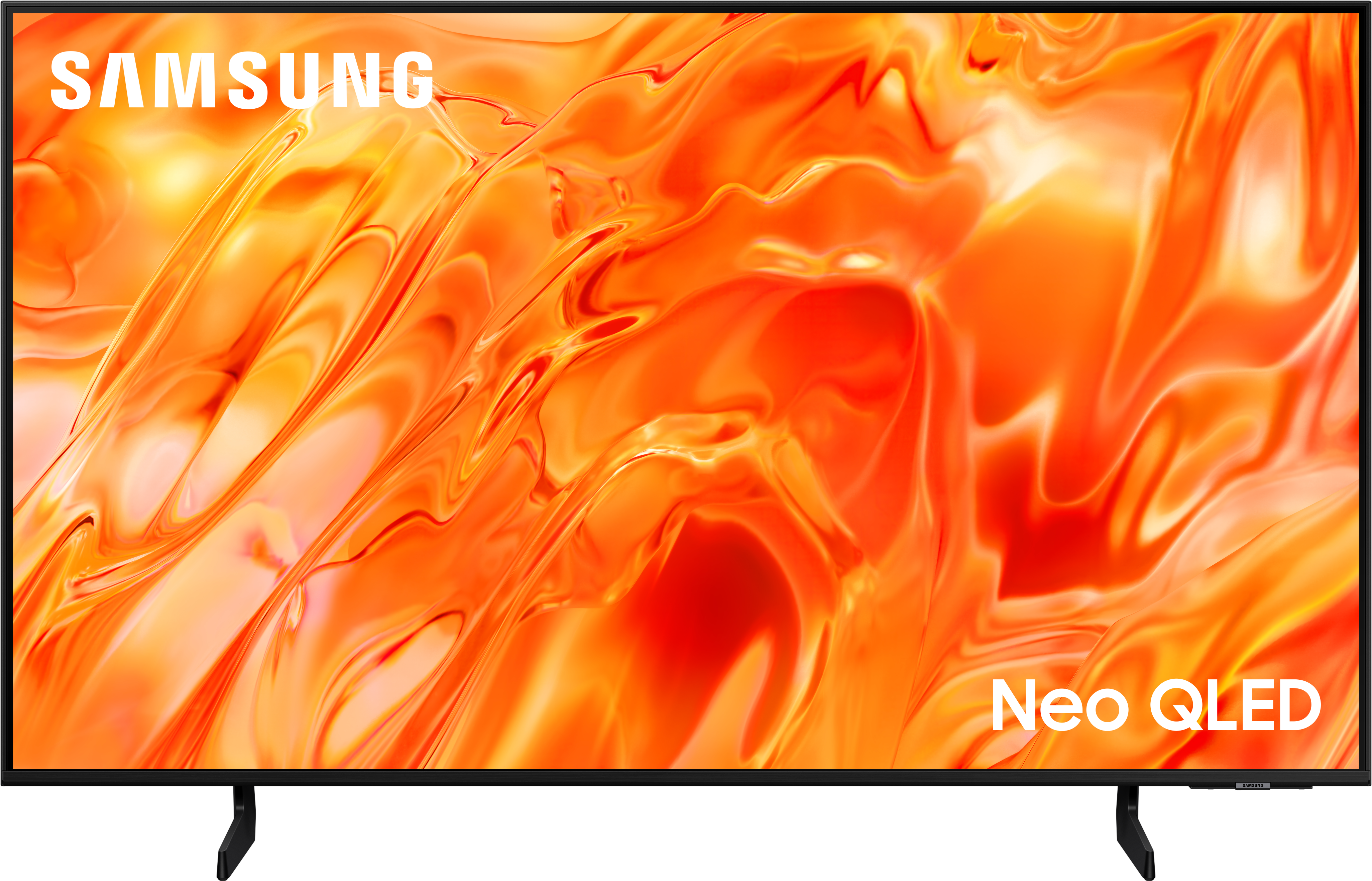 Samsung Neo QLED TV mit dynamischem orange-rotem Hintergrund. Schwarzer Rahmen.