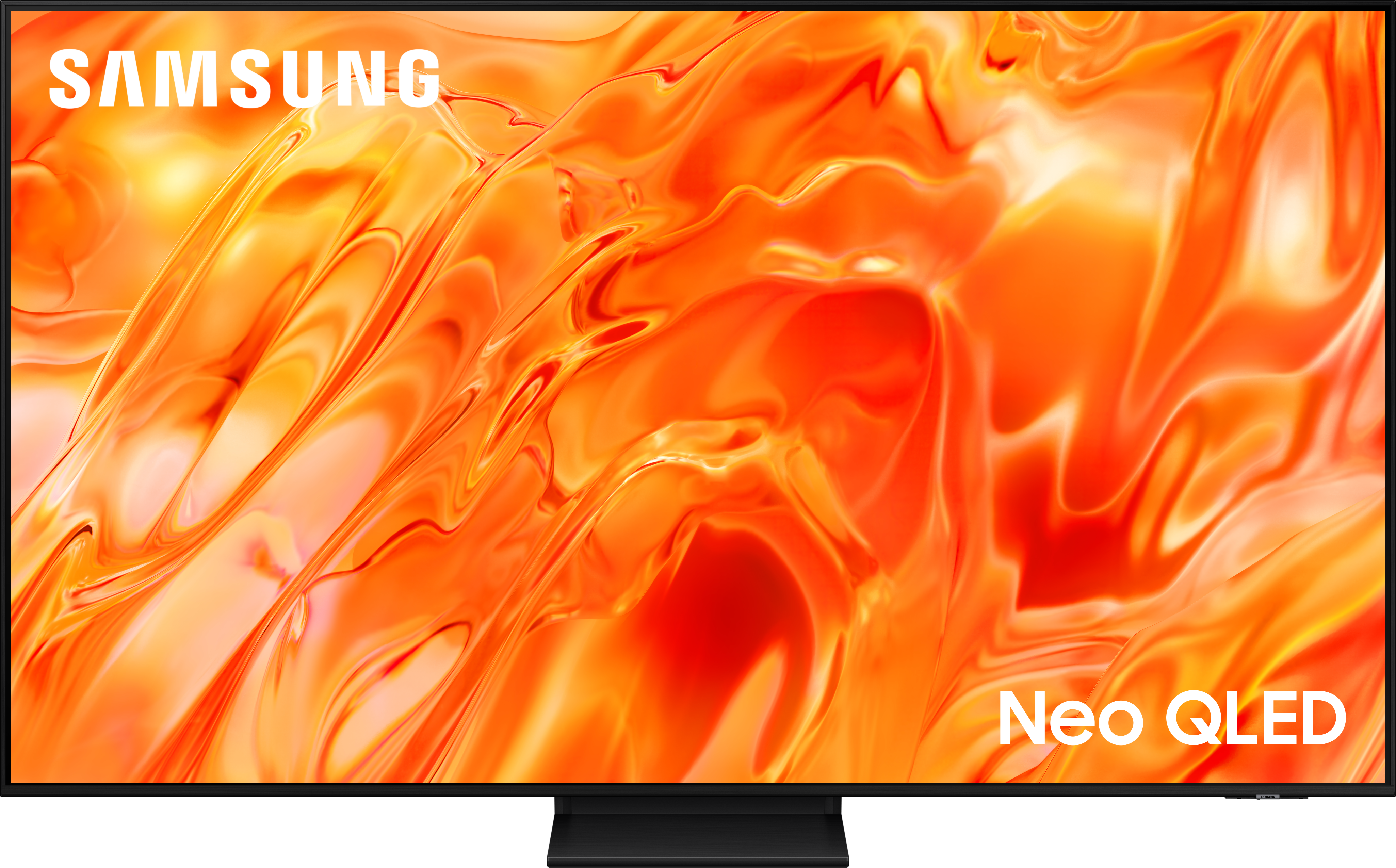 Ein Samsung Neo QLED Fernseher mit abstraktem orangem Hintergrund.