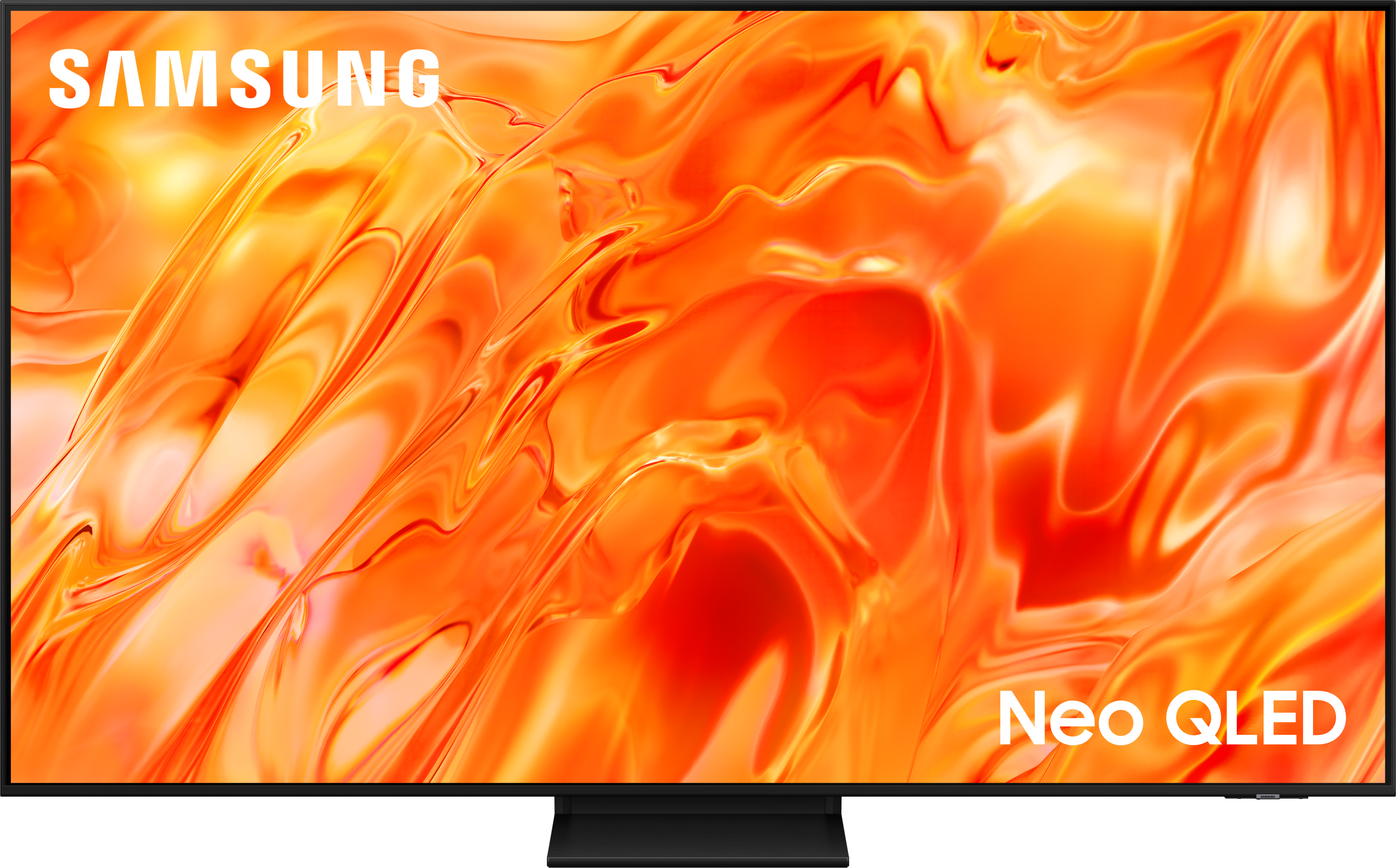 Samsung Neo QLED TV mit abstraktem orangem Hintergrund.