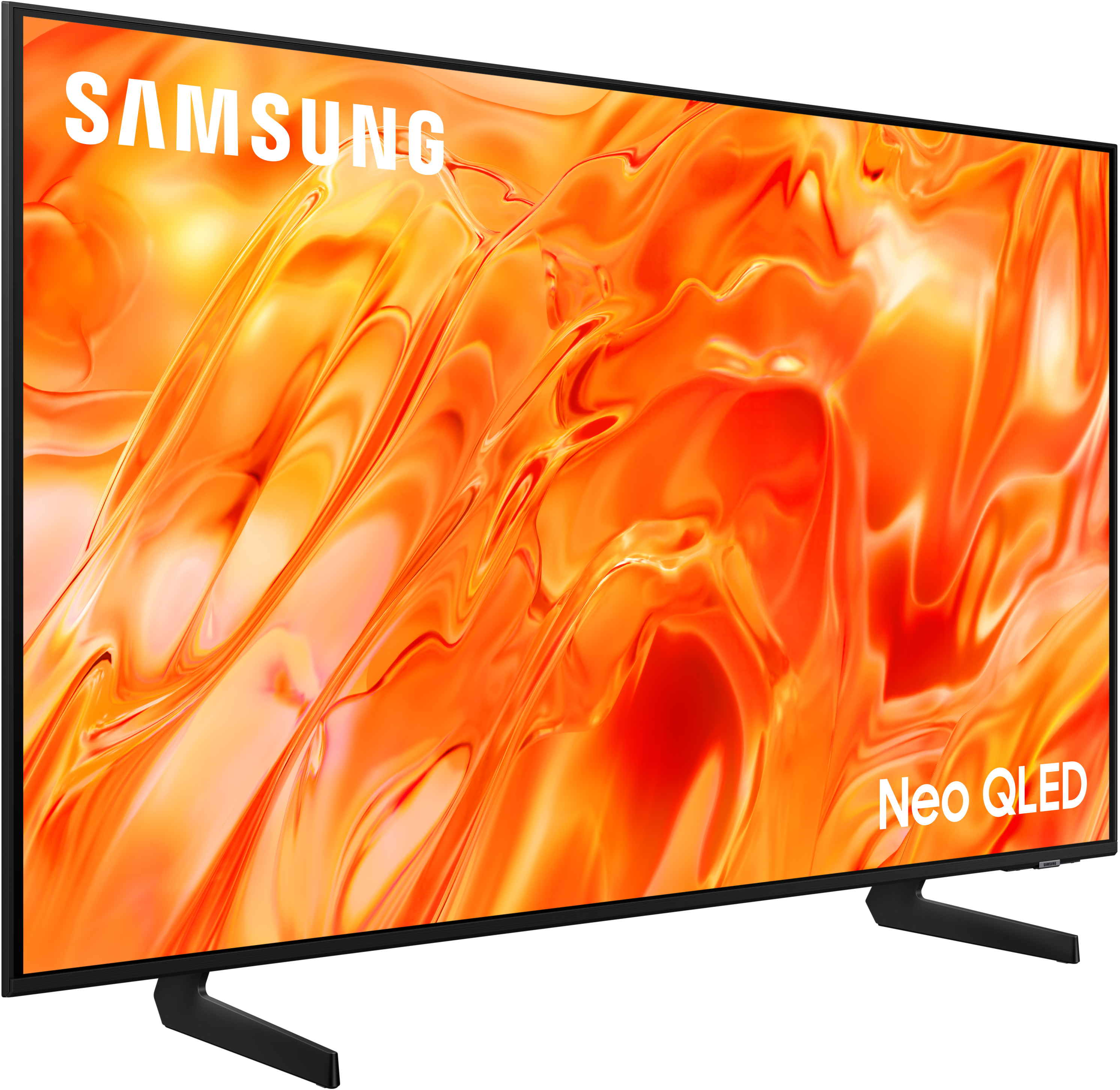 Ein Samsung Neo QLED Fernseher mit orangem, welligem Bildschirmdesign.
