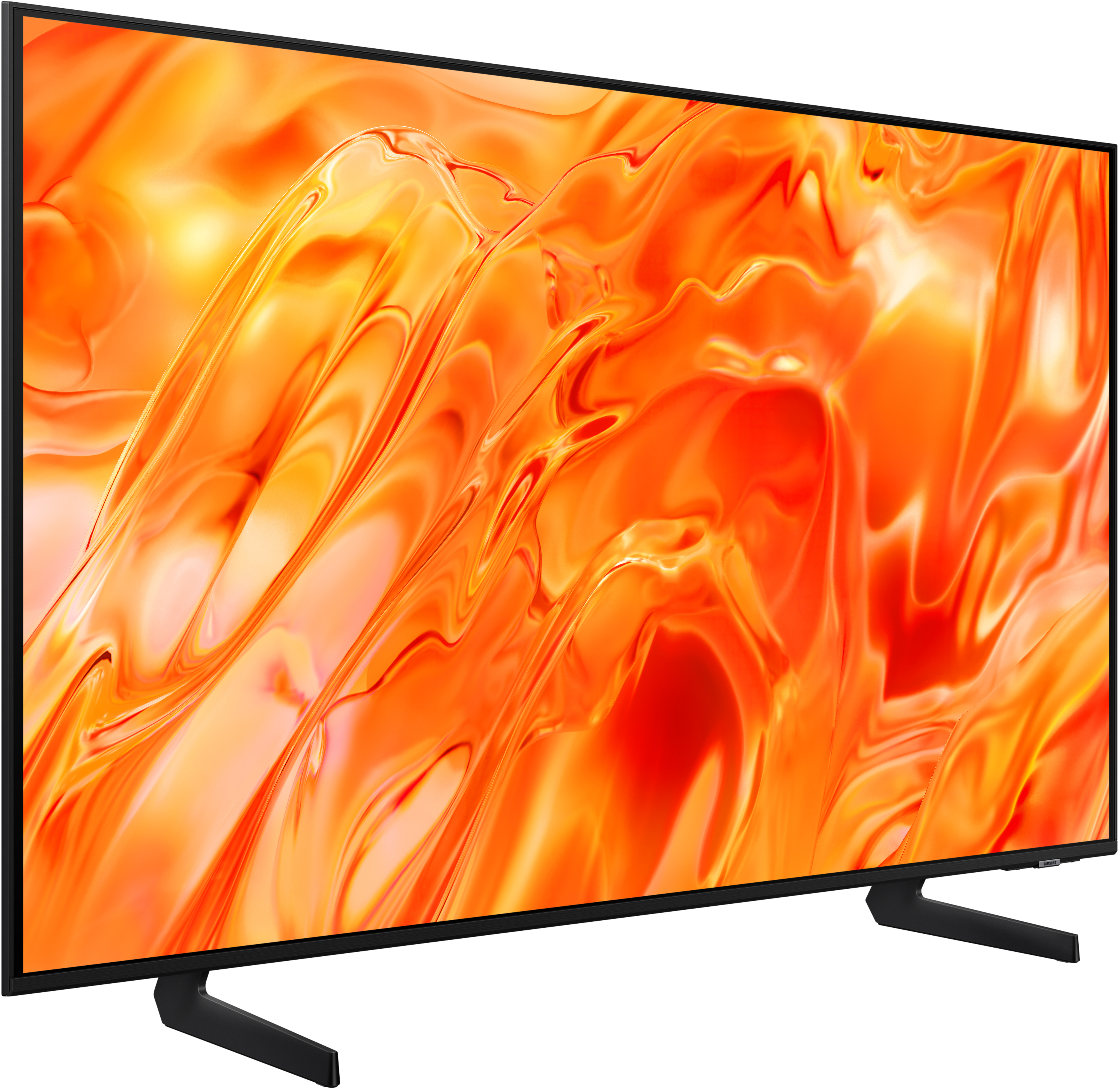 Ein moderner schwarzer Fernseher mit einem lebendigen orange-gelben abstrakten Muster auf dem Bildschirm.