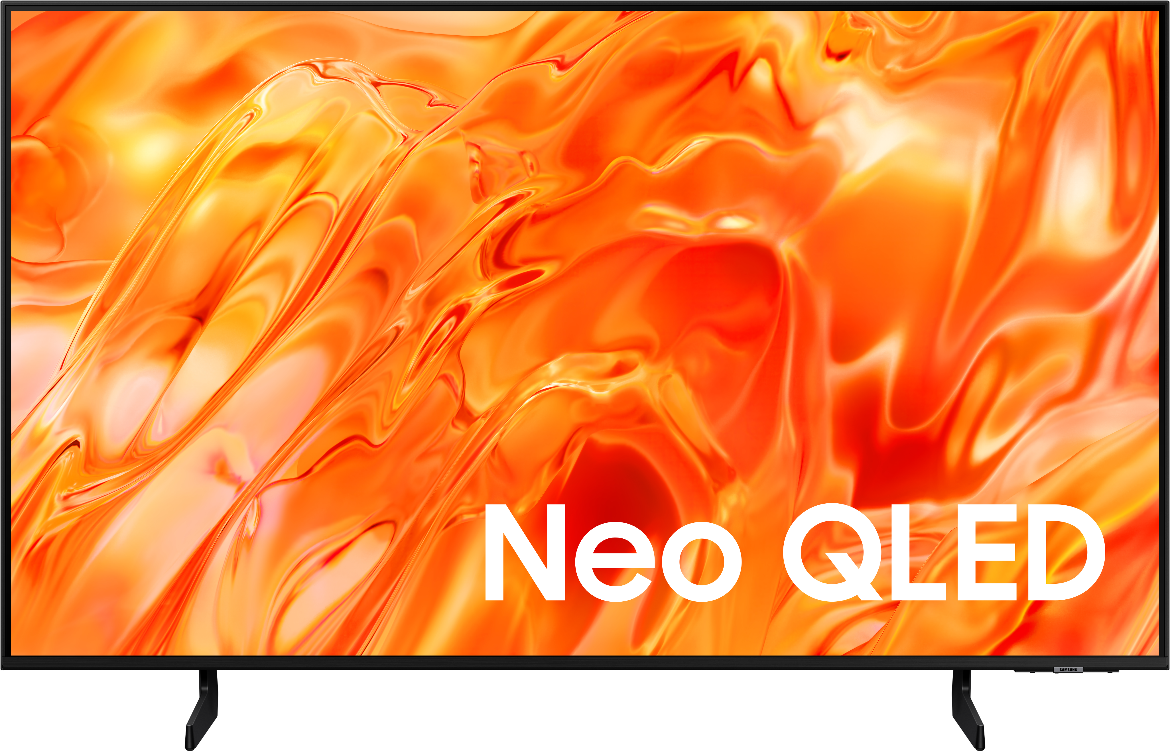 Ein moderner Fernseher mit leuchtend orangem abstraktem Hintergrund.