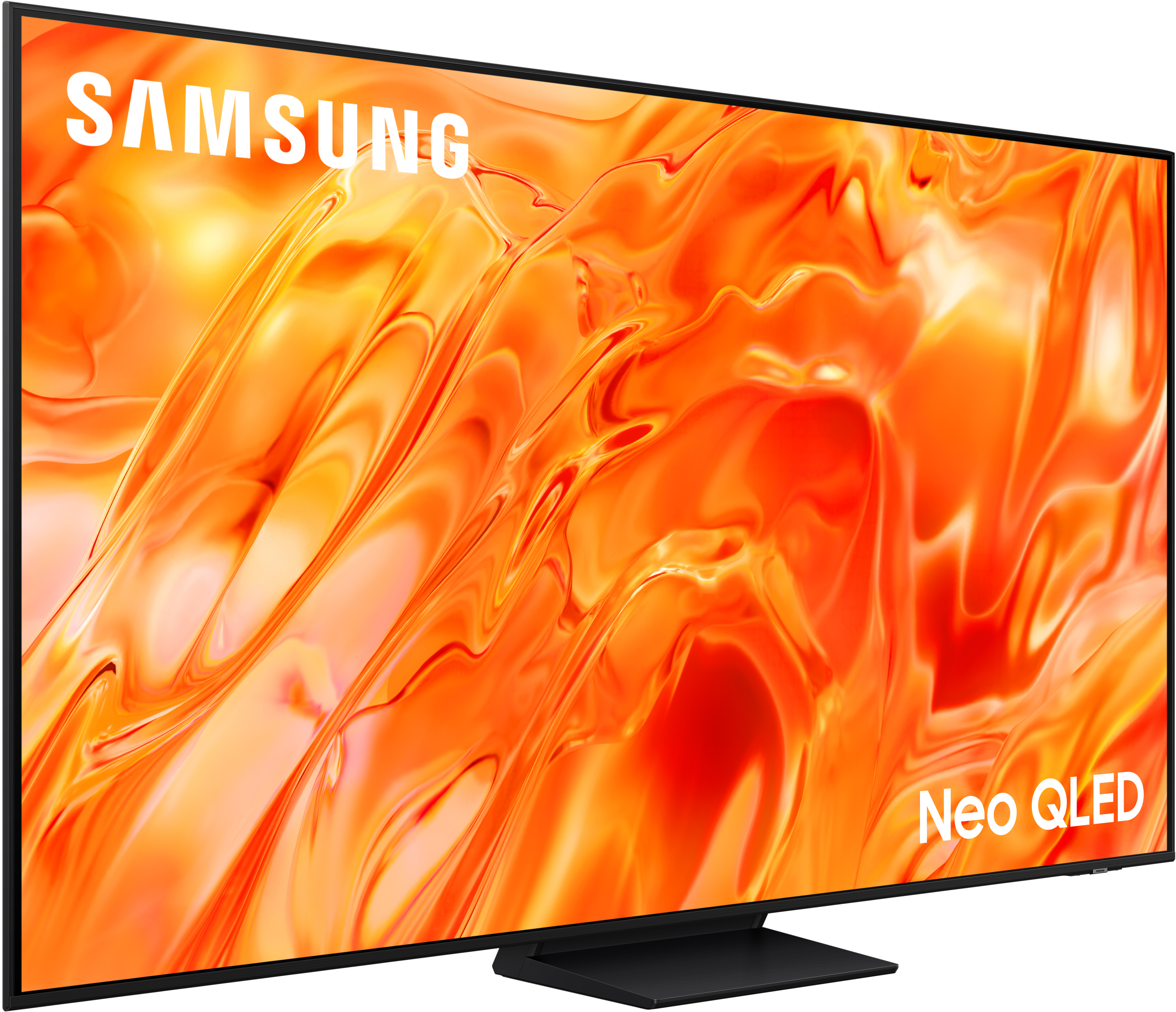 Ein Samsung Neo QLED Fernseher mit schwarzem Standfuß und leuchtend orangem Hintergrund.