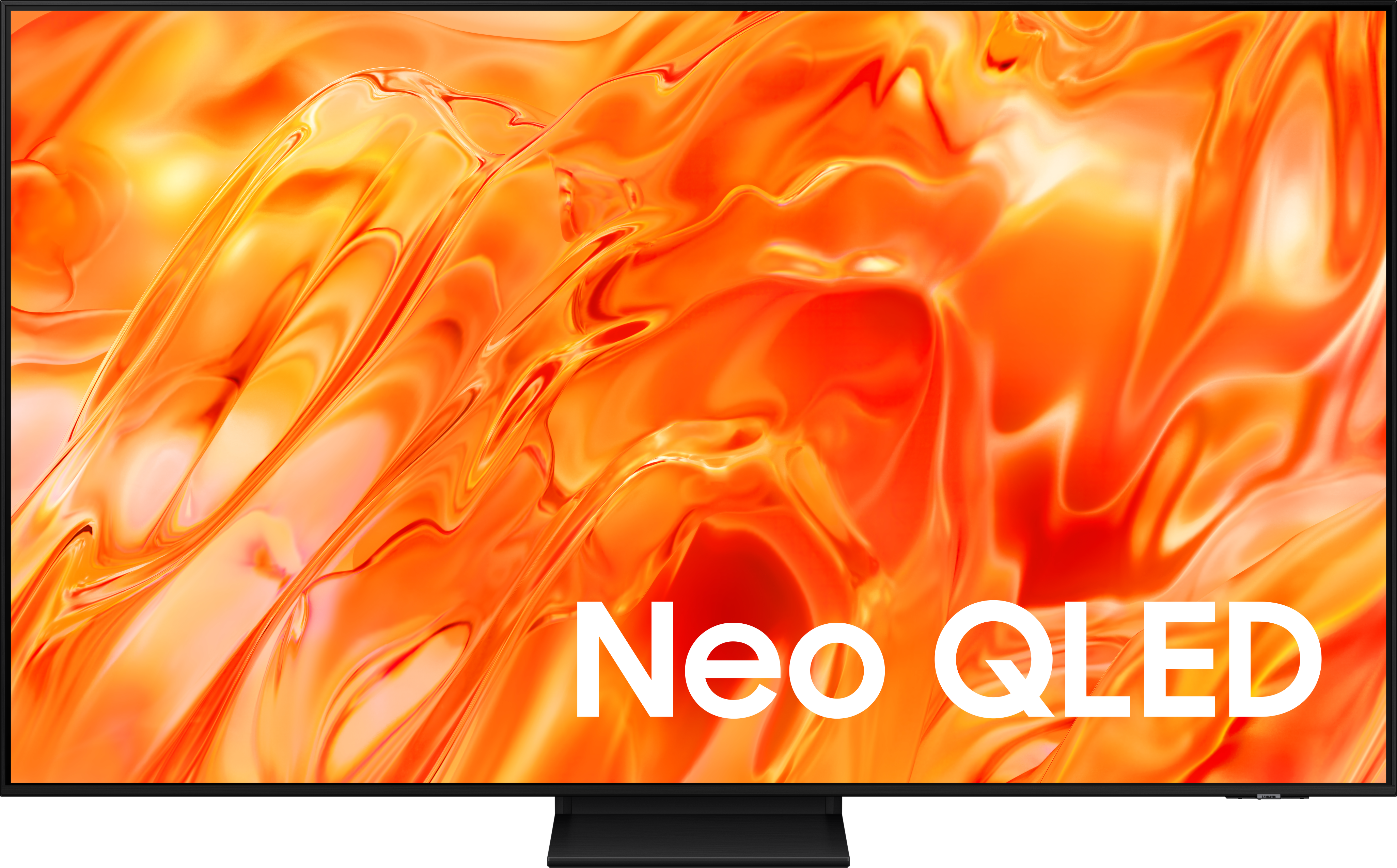 Ein Fernsehbildschirm zeigt fließende orange und gelbe Muster mit weißen Text. Neo QLED.