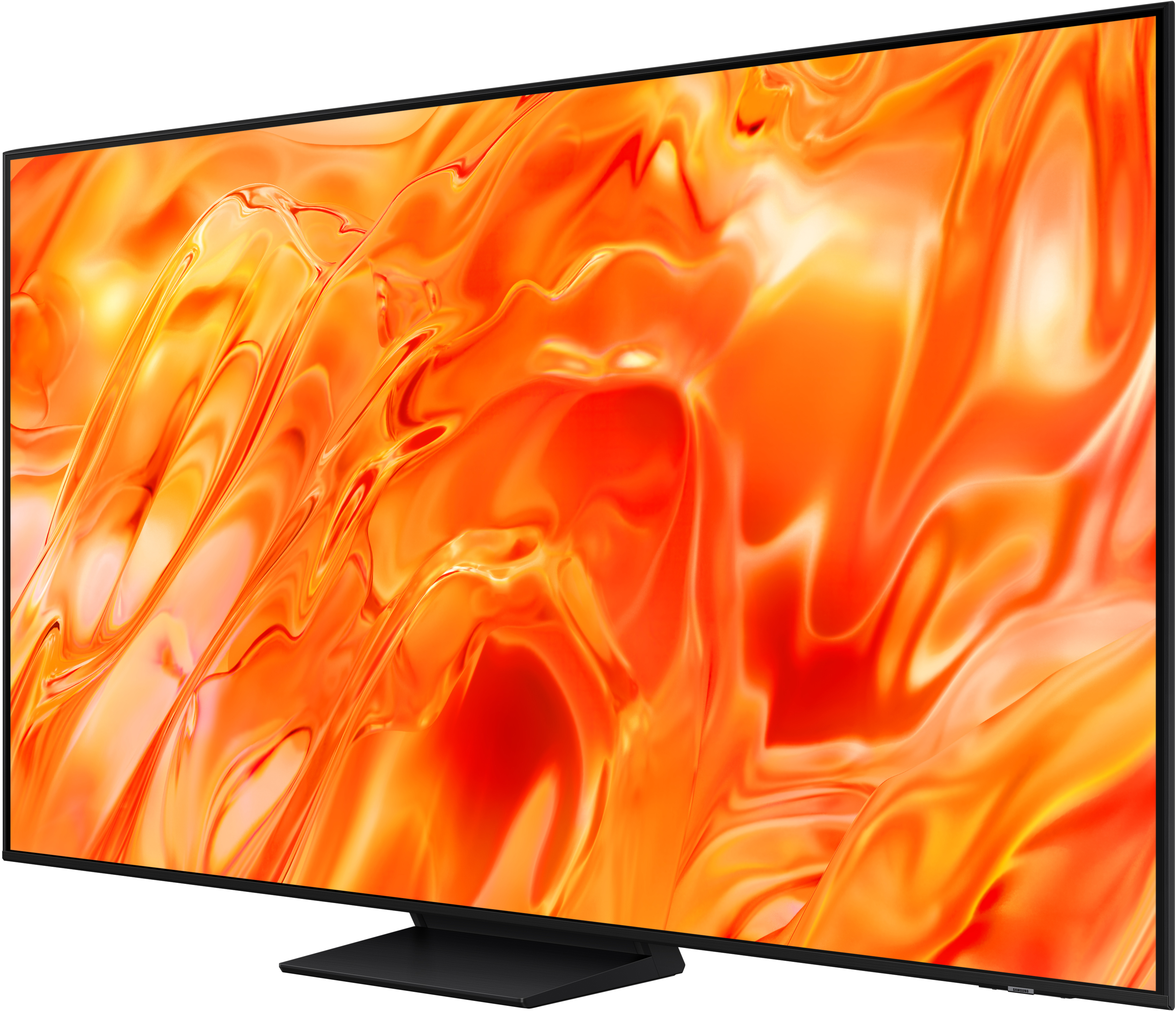 Ein moderner Flachbildfernseher mit einem lebendigen orange-gelben Muster auf dem Bildschirm.