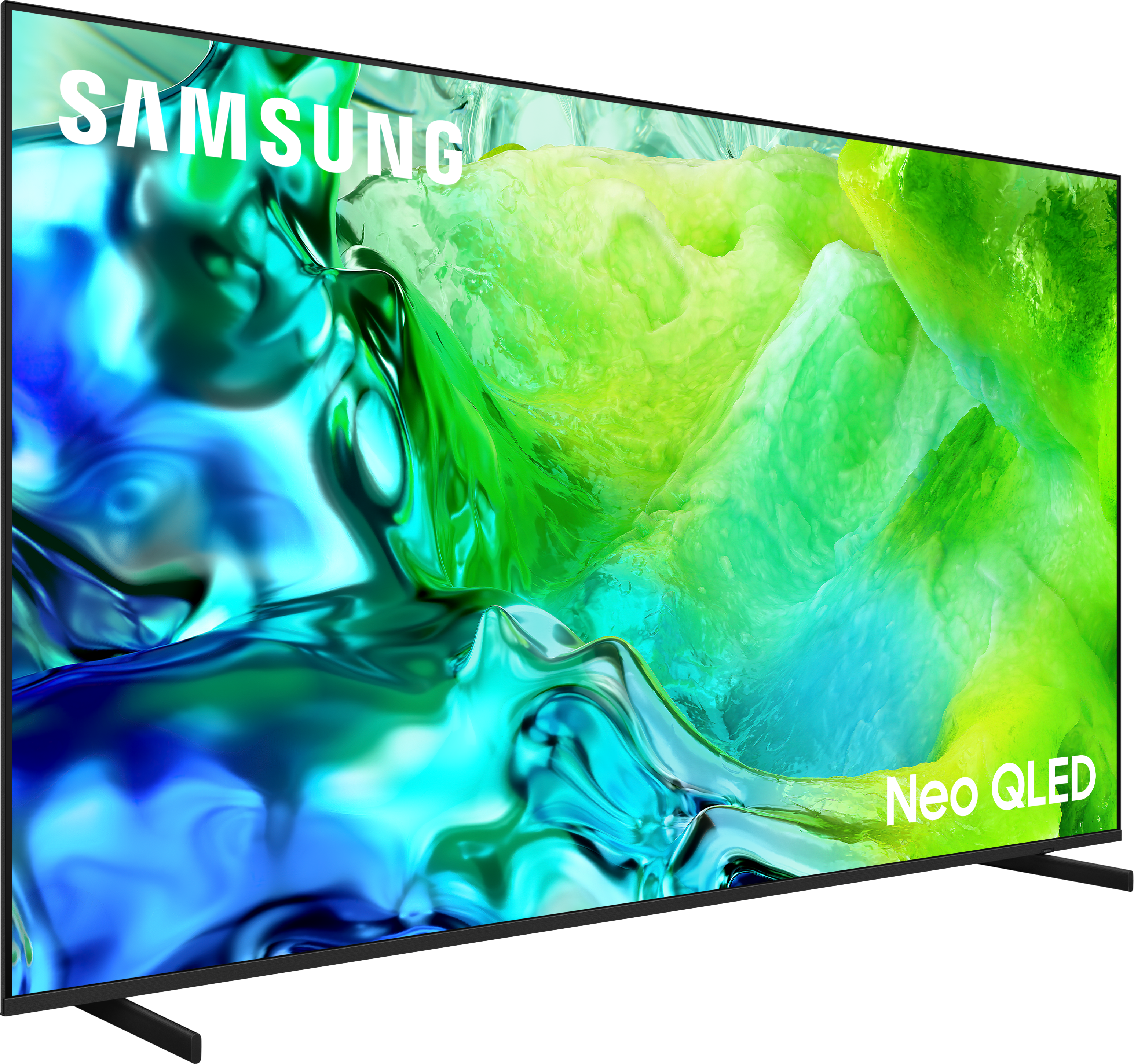 Ein Samsung Neo QLED Fernseher mit abstraktem, blau-grünem Hintergrund.