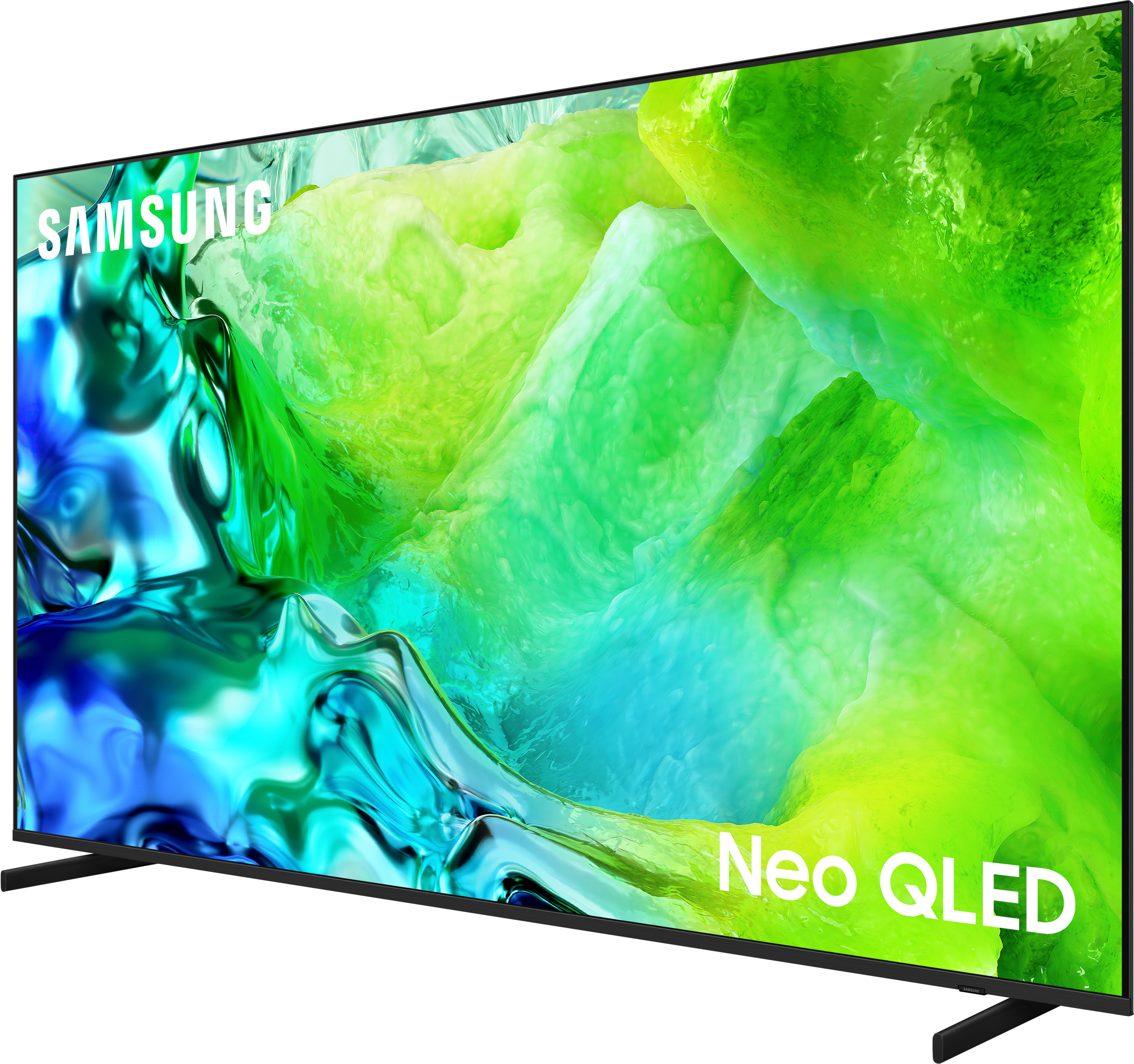 Ein Samsung Neo QLED Fernseher mit einem lebendigen, abstrakten Hintergrund in Grün- und Blautönen.