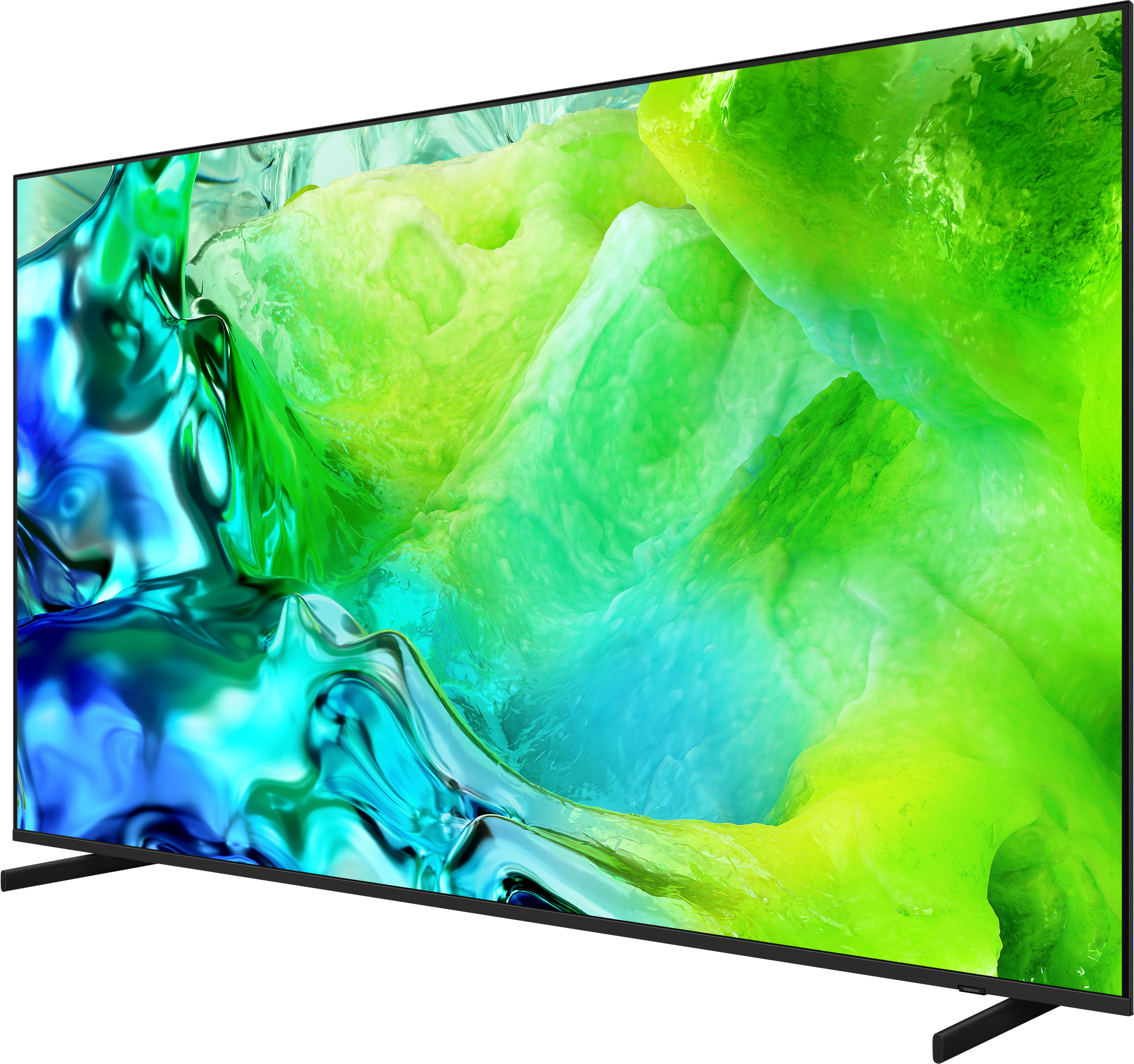 Ein moderner schwarzer Fernseher mit einem lebendigen, abstrakten Bild in Grün- und Blautönen.