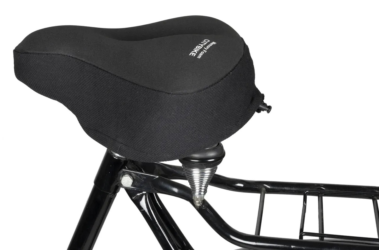Czarny fotel rowerowy z pianką memory i amortyzacją. Napis: CITYBIKE Memory Foam.
