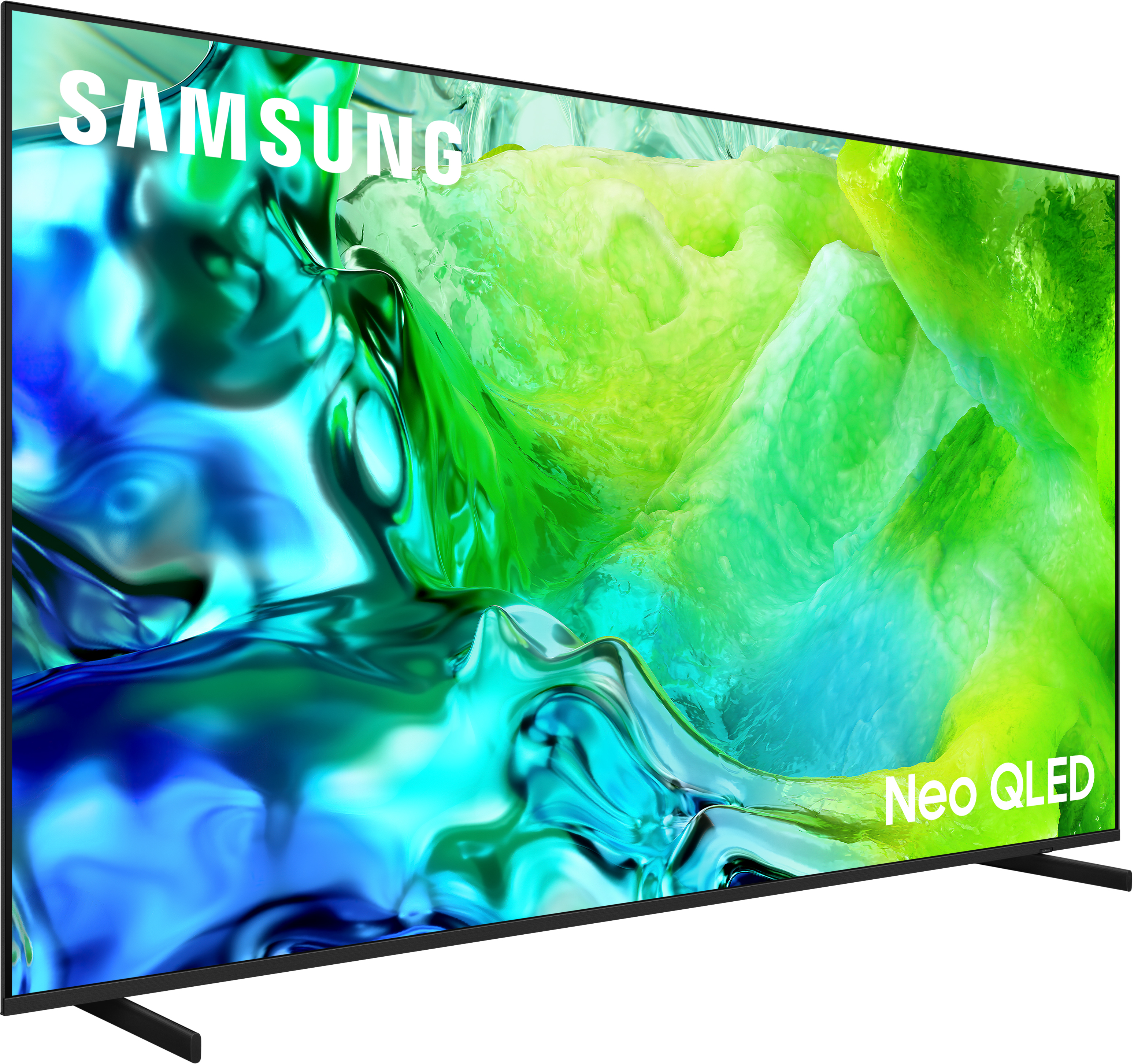 Ein Samsung Neo QLED Fernseher mit blauem und grünem Hintergrund.
