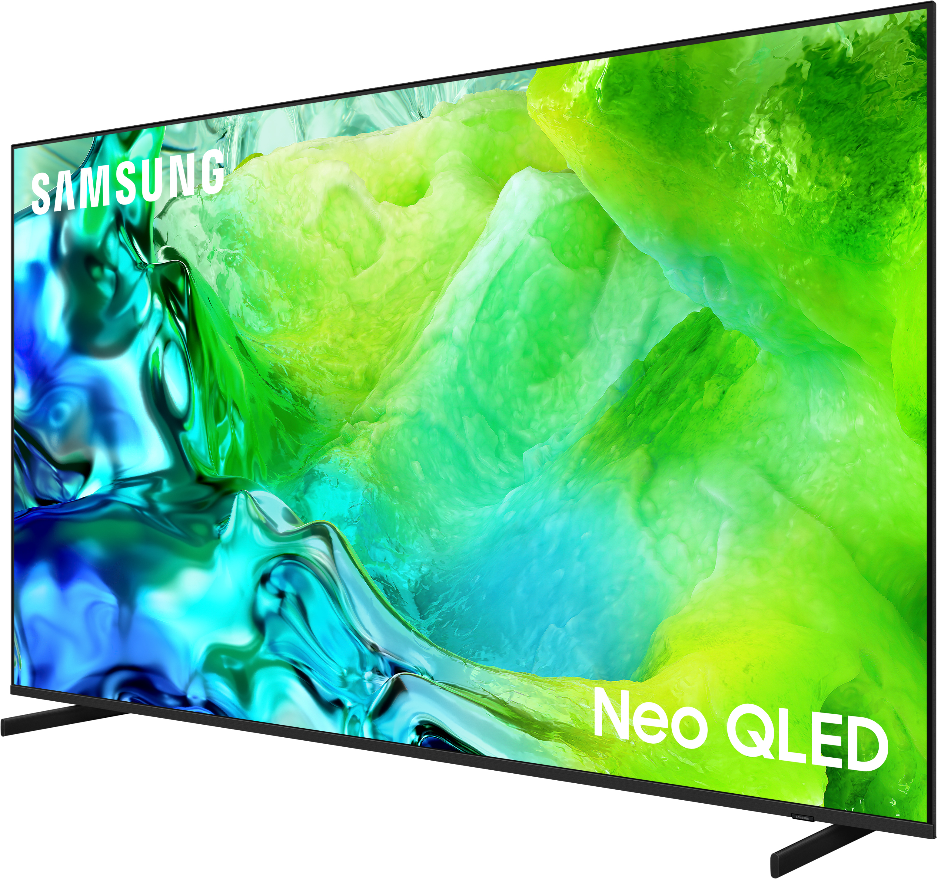 Ein Samsung Neo QLED Fernseher mit einem abstrakten grünen und blauen Hintergrund.