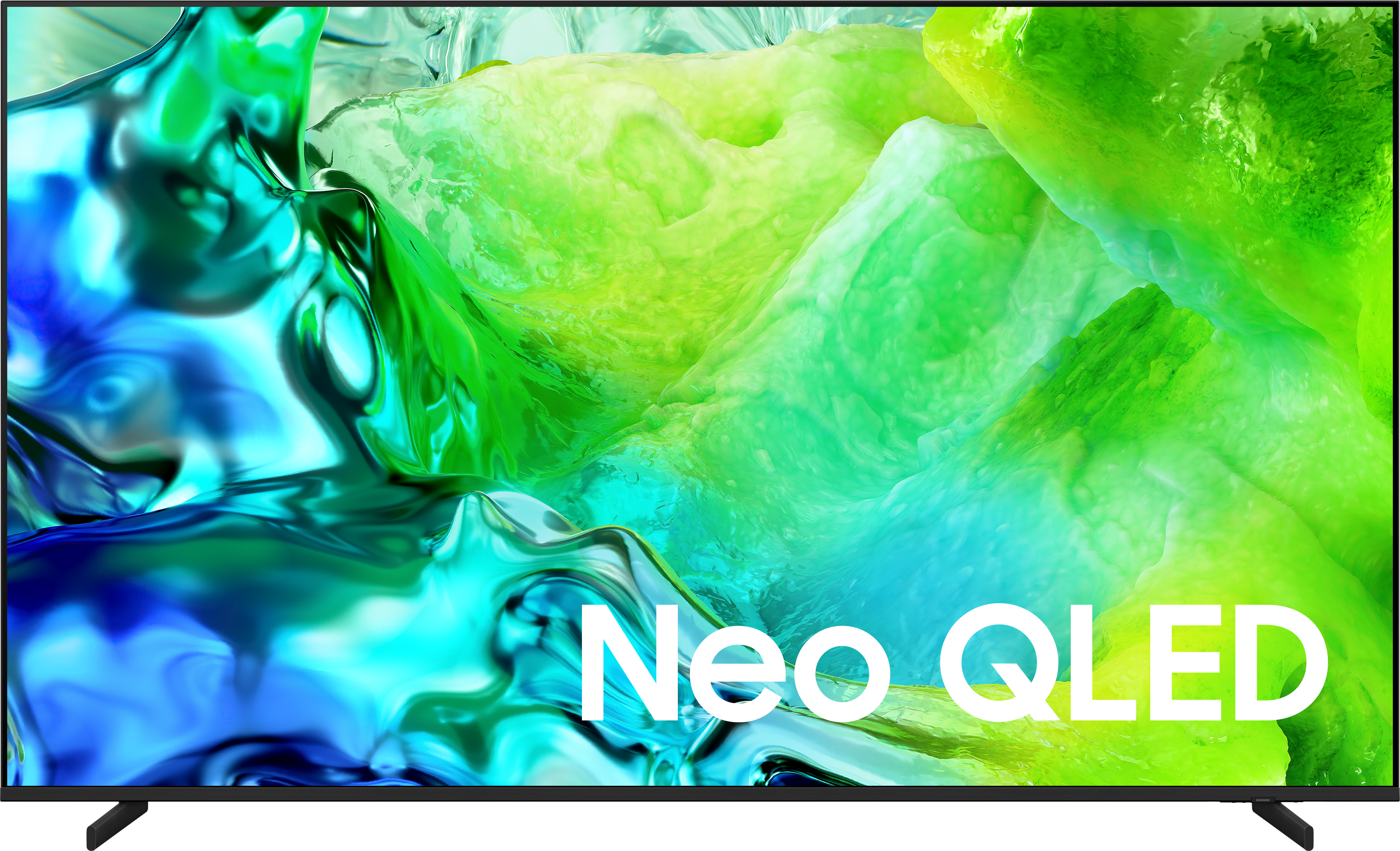 Ein Fernsehbildschirm mit dem Text Neo QLED und einer abstrakten blauen und grünen Grafik.
