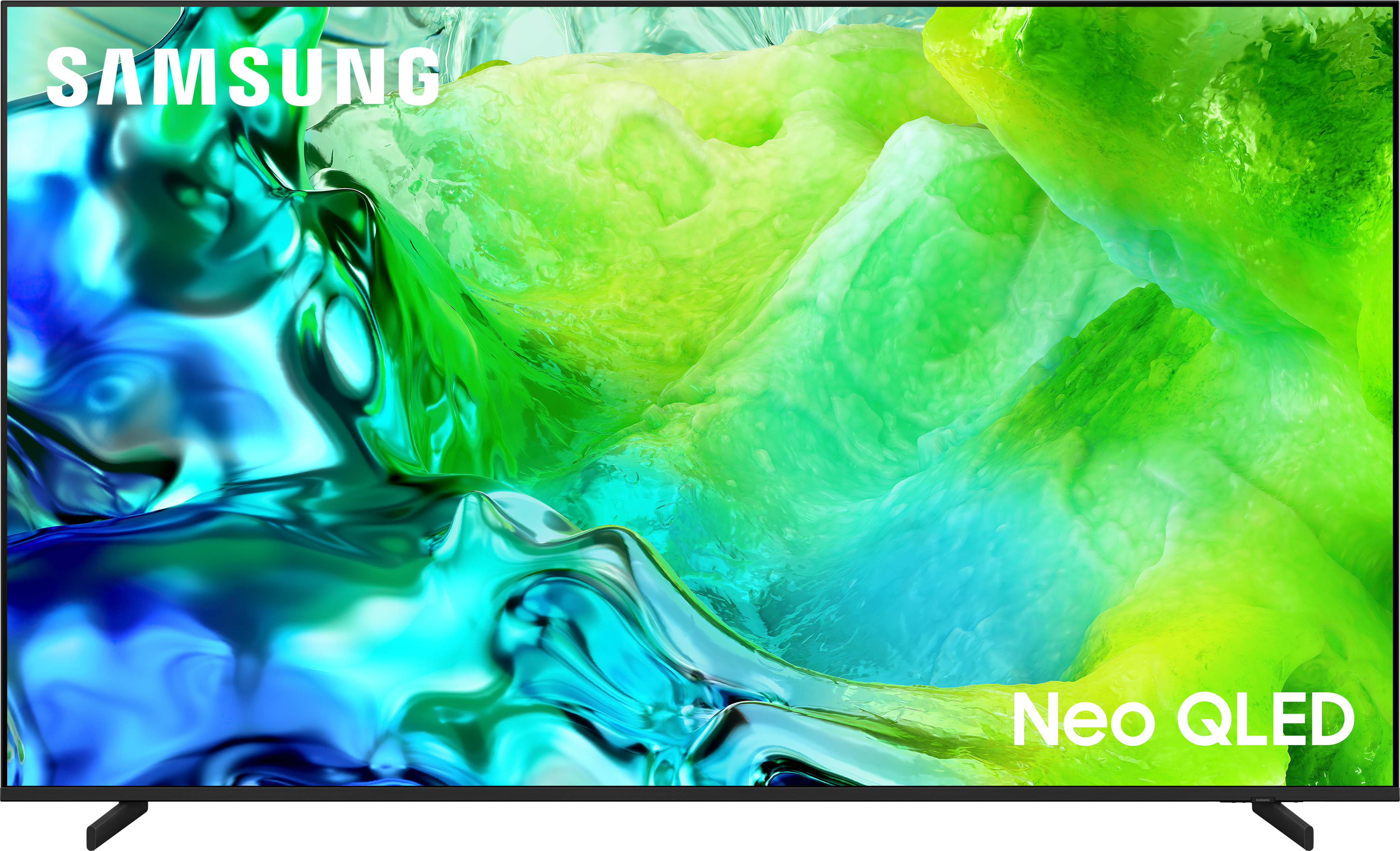 Samsung Neo QLED Fernseher mit abstrakter blauer und grüner Bildschirmanzeige.