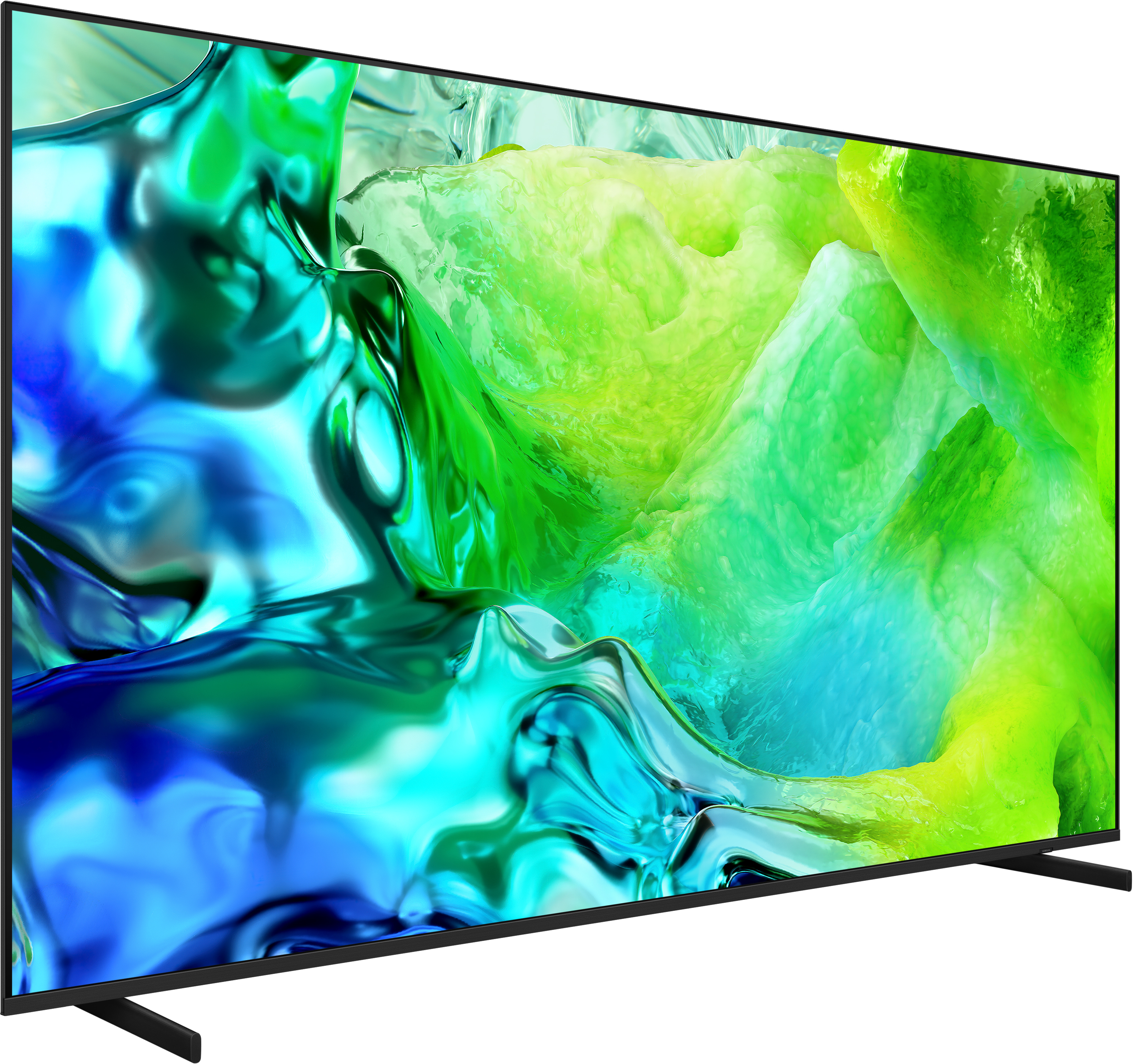 Ein moderner schwarzer Fernseher mit einem bunten, abstrakten Hintergrund auf dem Bildschirm.