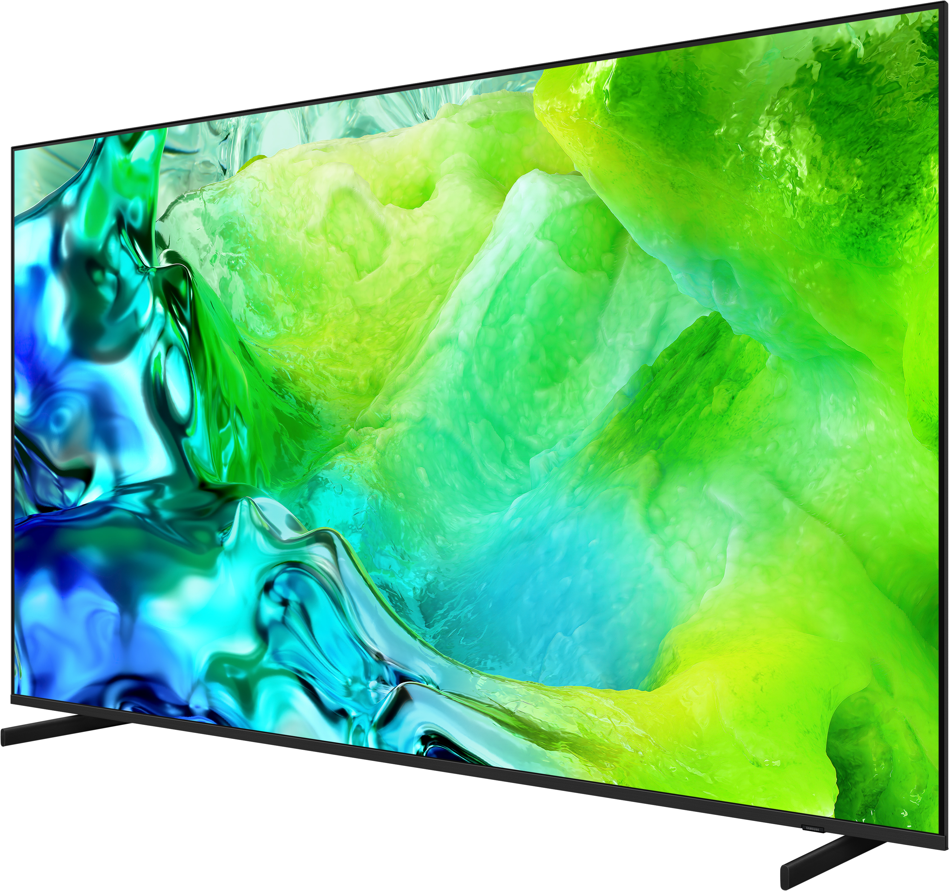 Ein moderner schwarzer Fernseher mit einem lebendigen, abstrakten Bild von grünen und blauen Flüssigkeiten.