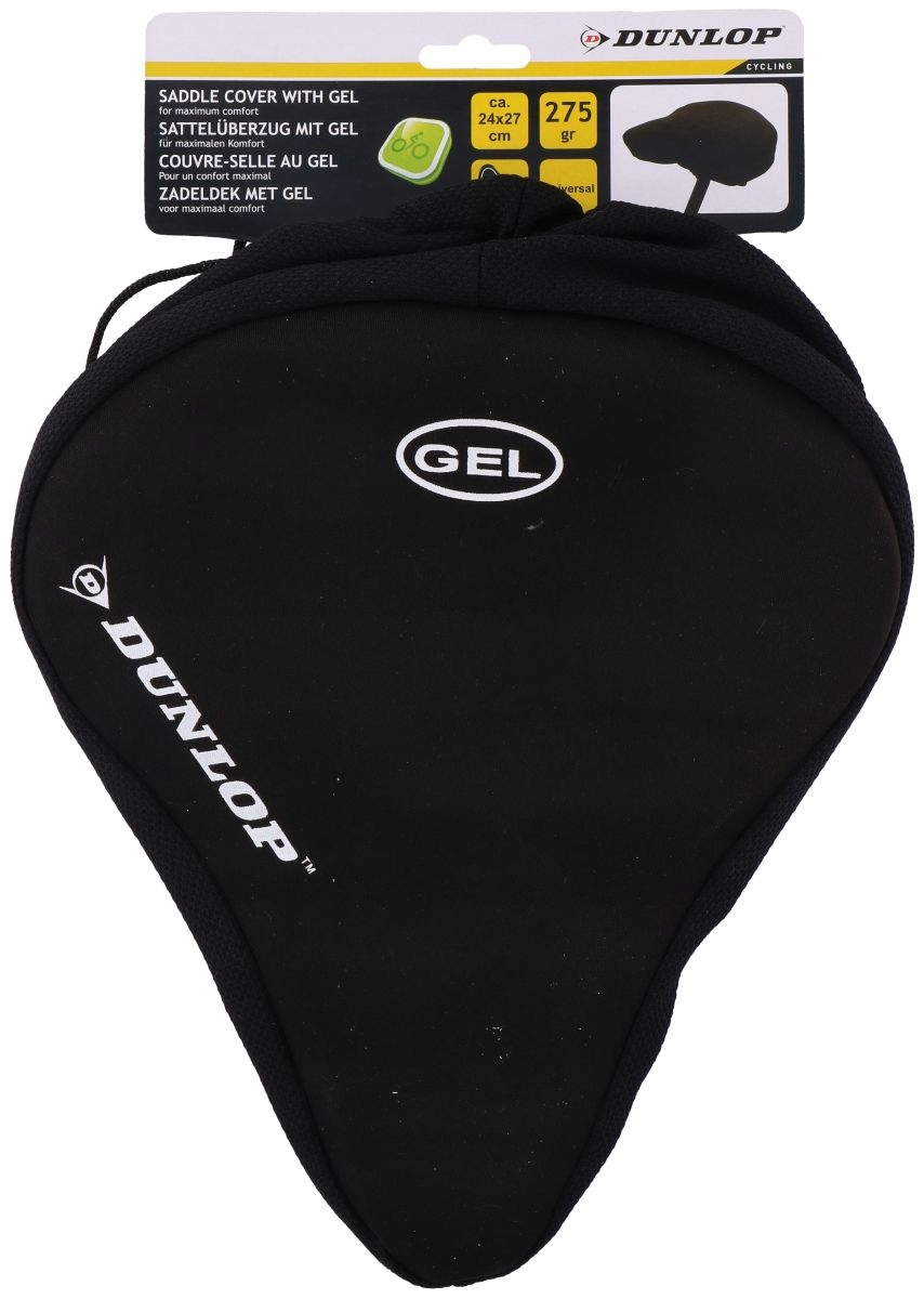 Czarna nakładka na siodełko rowerowe Dunlop z logo GEL i nadrukiem.