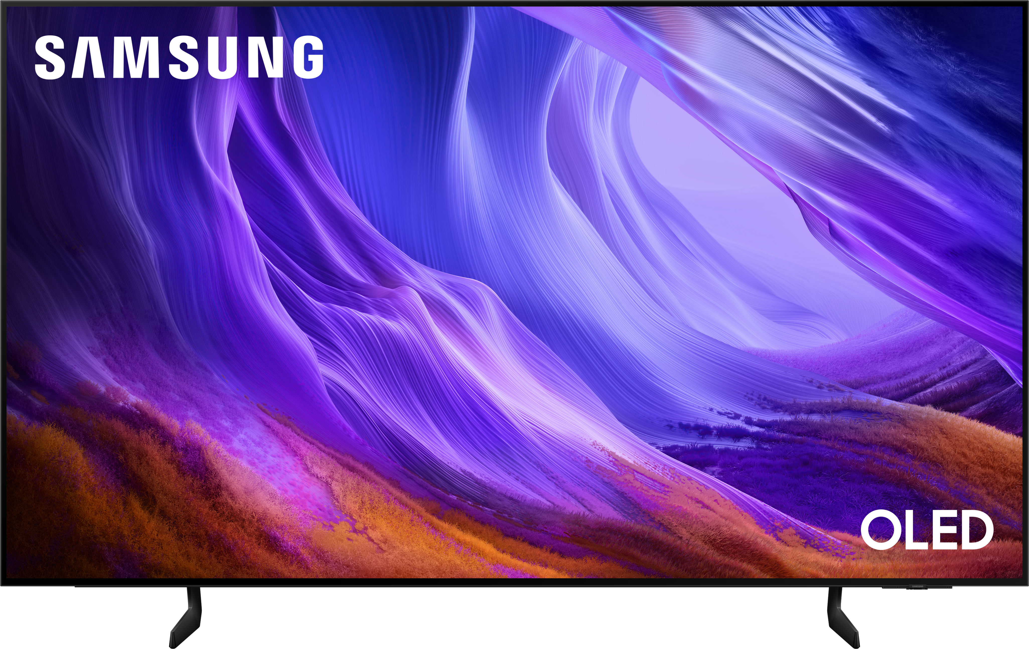 Ein Samsung OLED-Fernseher mit einem abstrakten lila und orangen Hintergrund.