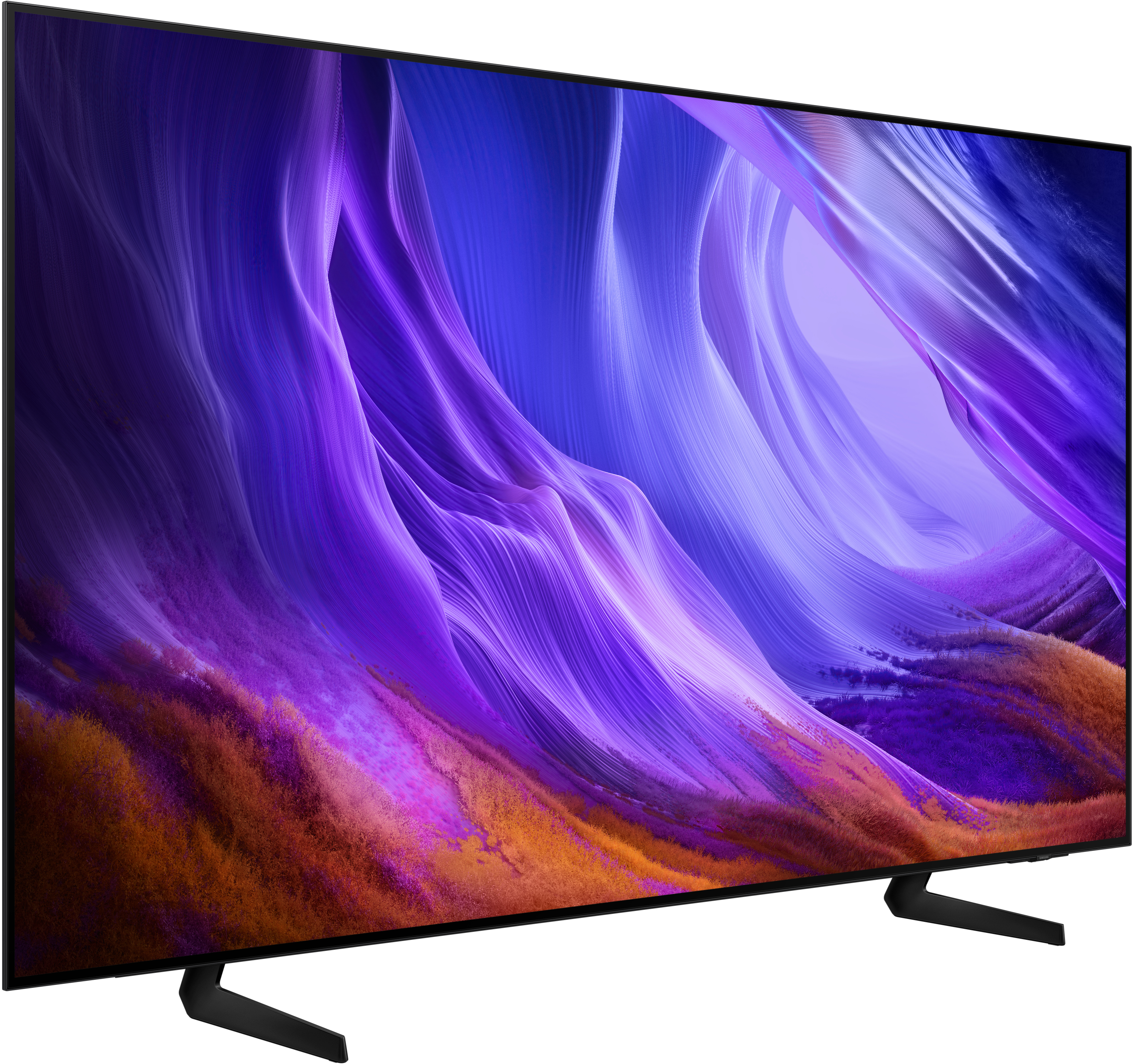 Ein schwarzer Fernseher zeigt ein lebendiges abstraktes Bild von fließenden lila und blauen Wellen mit orangefarbenen Akzenten.