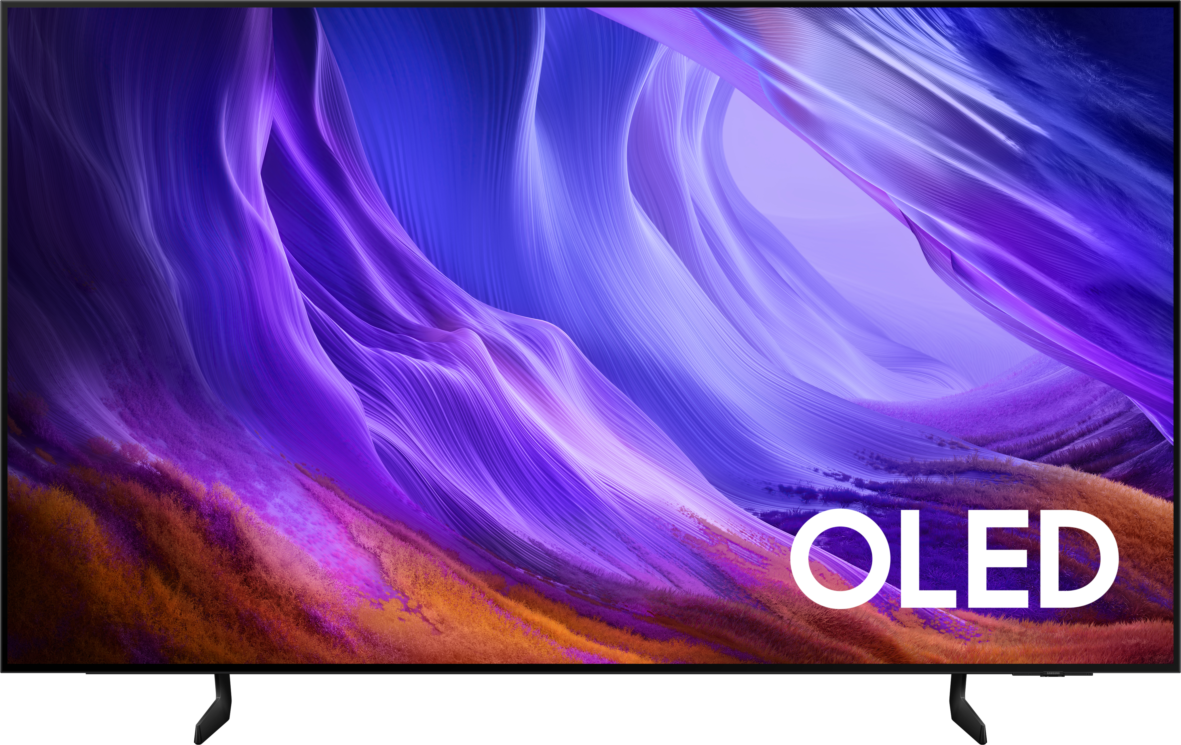 Ein moderner OLED-Fernseher mit einem abstrakten, fließenden lila und blauen Hintergrund.
